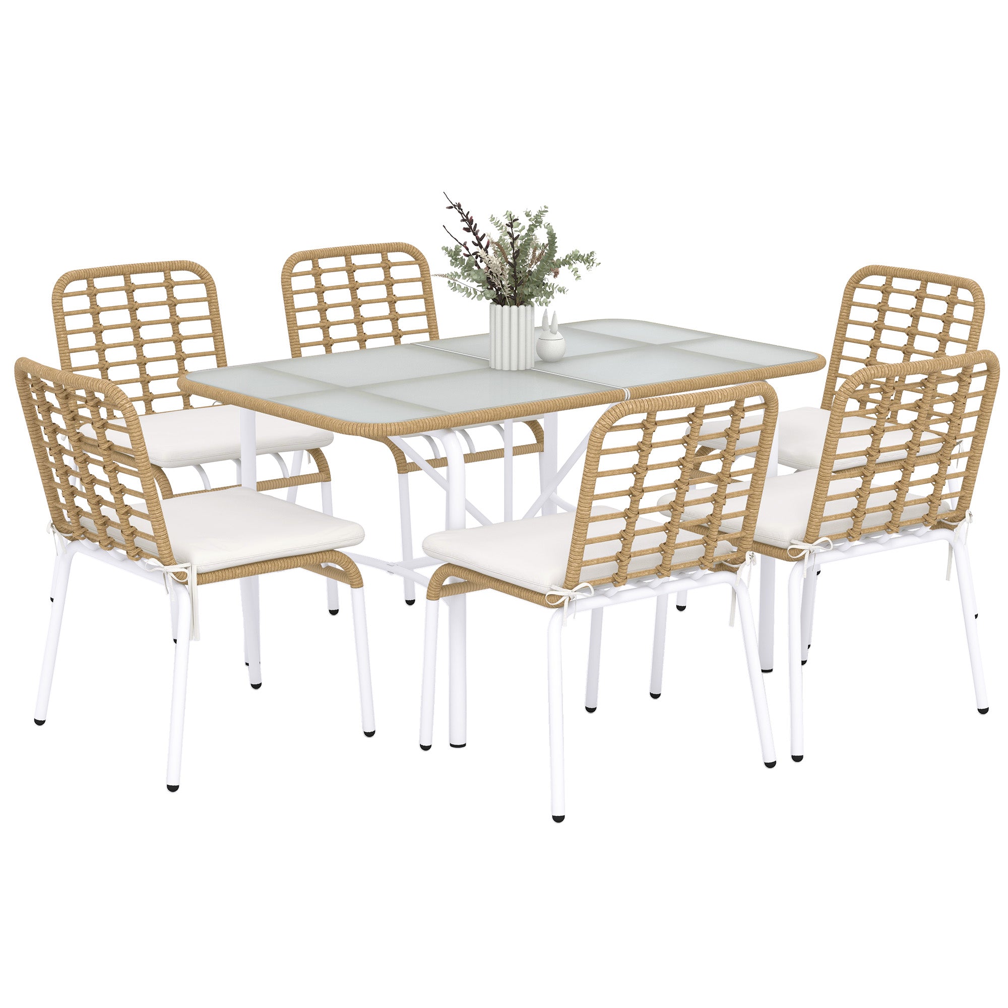 Outsunny Conjunto de Jardín de Ratán Sintético Juego de Muebles de Jardín para Exterior de Ratán de 7 Piezas Incluye 6 Sillas Apilables con Cojines y Mesa de Vidrio Natural