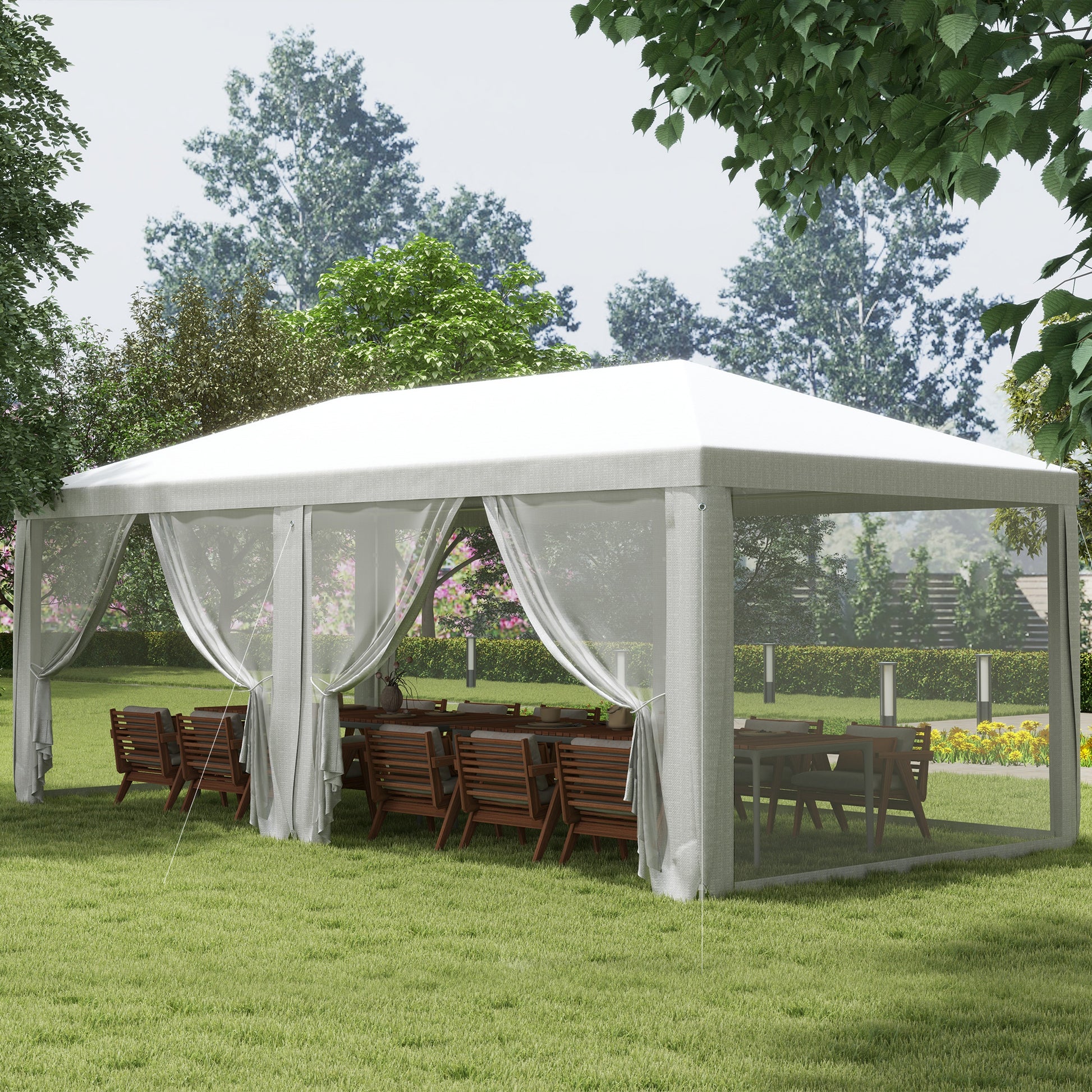 Outsunny Carpa de Jardín 6x3 m Carpa para Fiesta Cenador Desmontable Exterior con 6 Mosquiteras Laterales 2 Puertas con Cremallera Impermeable Pabellón Gazebo para Terraza Patio Playa Blanco