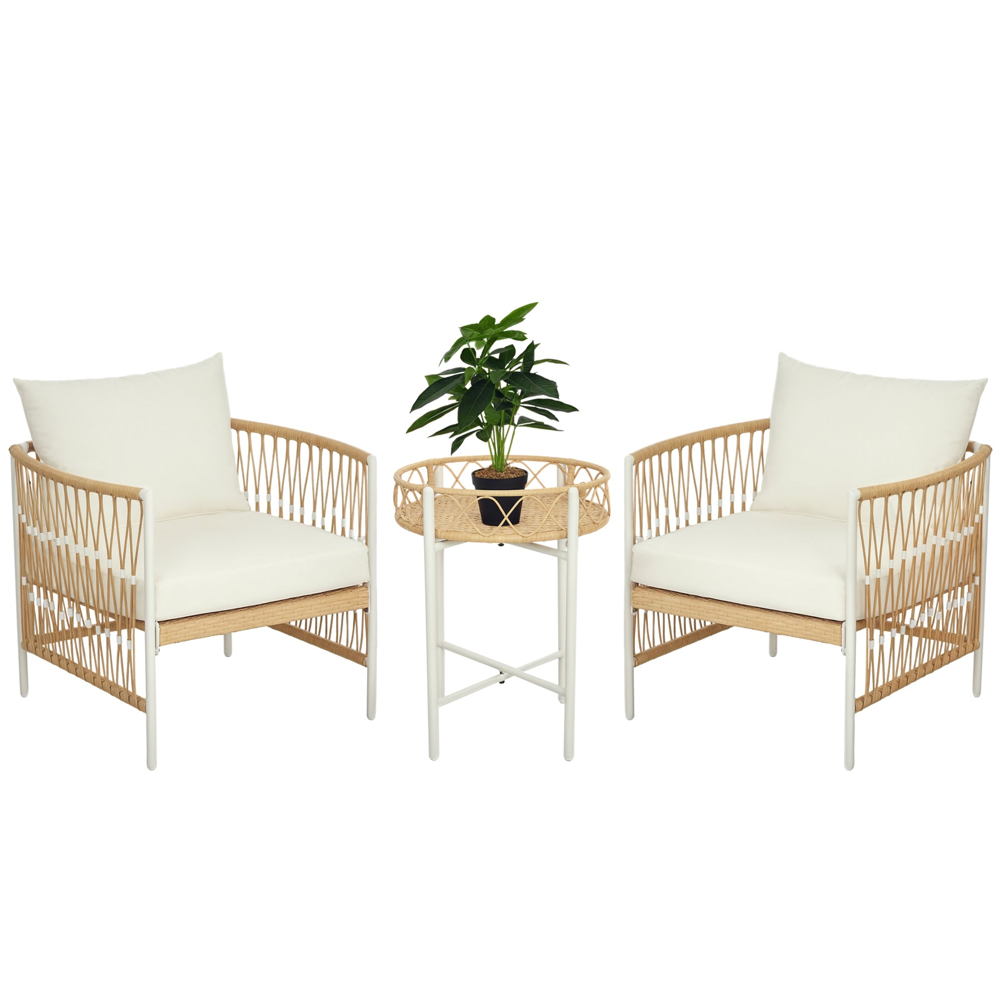 Outsunny Conjunto Jardín Exterior de 3 Piezas, Muebles de Jardín con 2 Sillas, Mesa de Ratán, Cojines Acolchados, Fundas Extraíbles y Marco de Acero, Resistente a la Intemperie, para Balcón, Crema