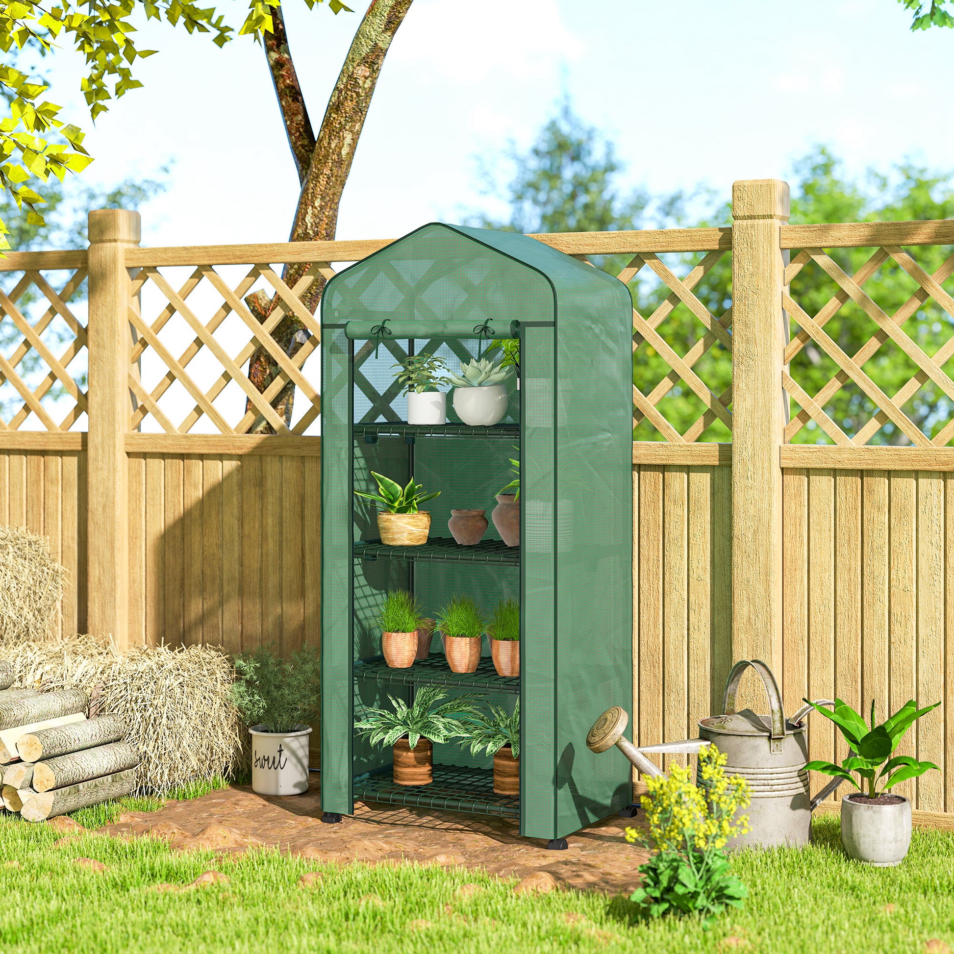 Outsunny Invernadero de Exterior con 4 Estantes y Ruedas, Invernadero de Jardín con Puerta Enrollable, Marco de Acero y Cubierta PE 140g/㎡ Anti-UV, Impermeable para Terraza, Patio, 70x50x165 cm, Verde