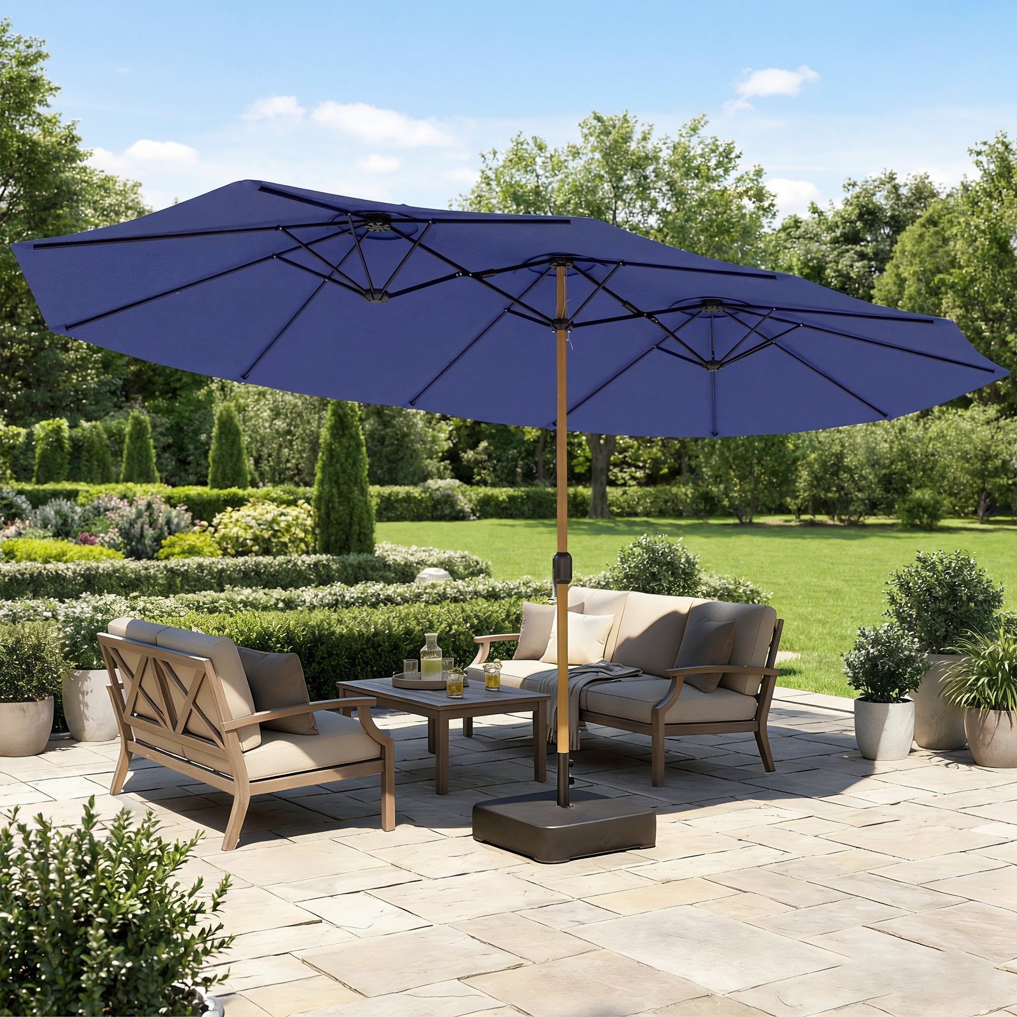 Outsunny Sombrilla Doble 4,7x2,8 m, Sombrilla Terraza Exterior con Base Incluida, Manivela Manual, Sacos de Arena y Funda, Anti-UV, Resistente al Agua, Parasol para Jardín, Terraza, Patio, Azul Oscuro
