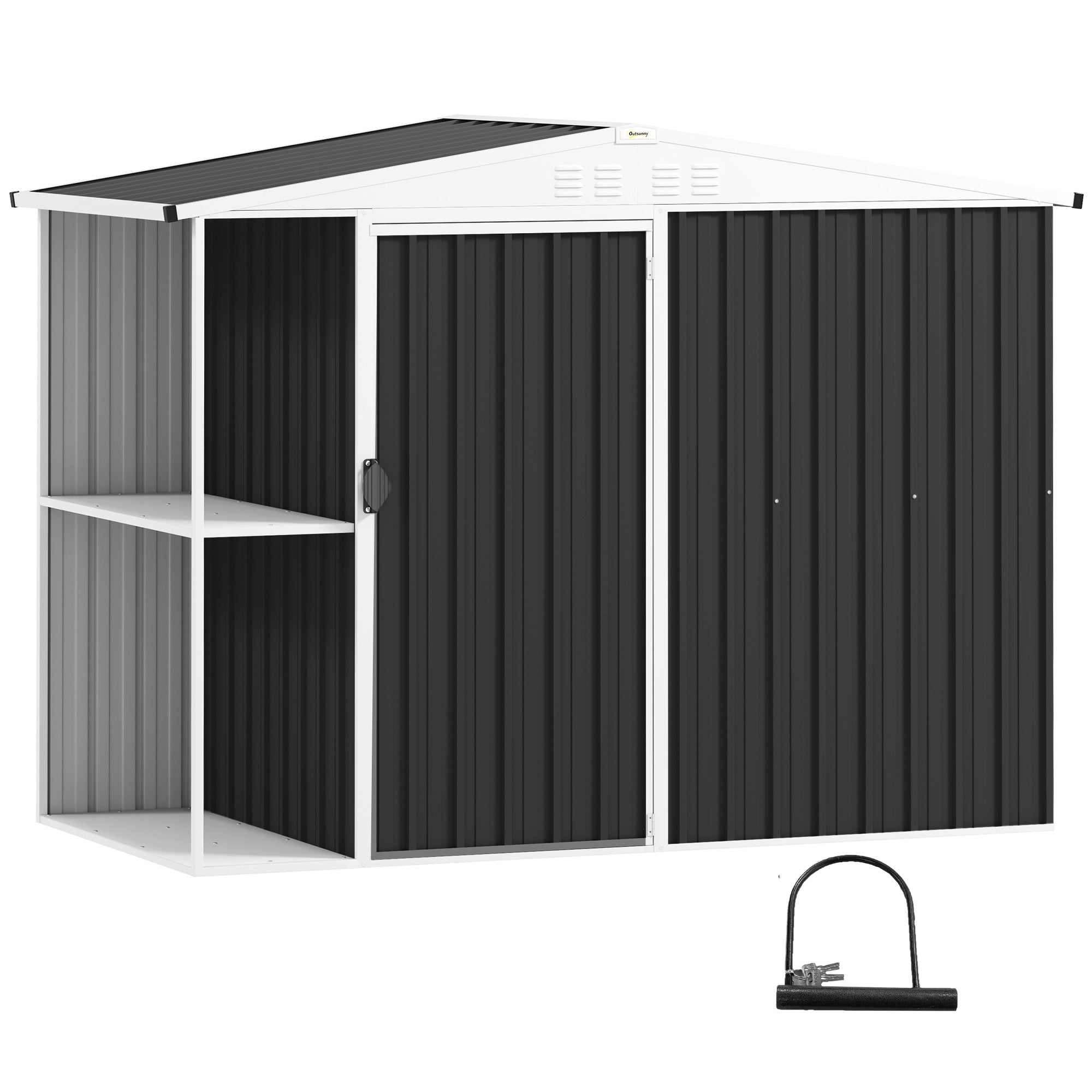 Outsunny Caseta de Jardín Exterior 2,7m² 245x117x180 cm Cobertizo de Jardín Exterior con Estante de 2 Niveles 4 Ventilaciones y Puerta con Cerradura Cobertizo para Terraza Patio Gris Carbón