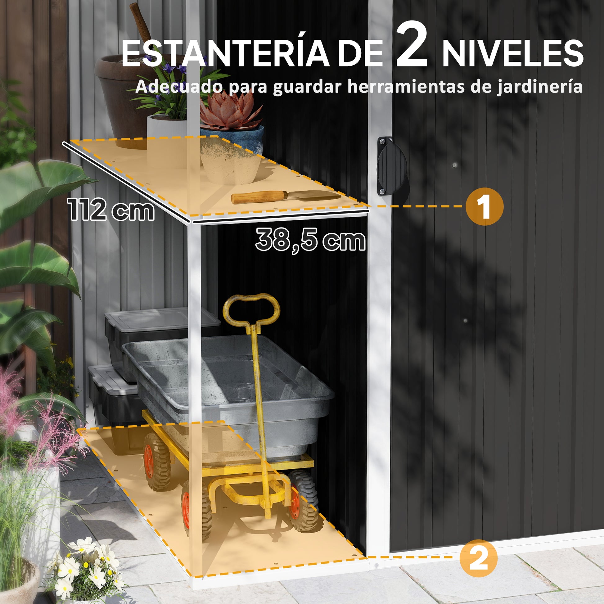 Outsunny Caseta de Jardín Exterior 2,7m² 245x117x180 cm Cobertizo de Jardín Exterior con Estante de 2 Niveles 4 Ventilaciones y Puerta con Cerradura Cobertizo para Terraza Patio Gris Carbón