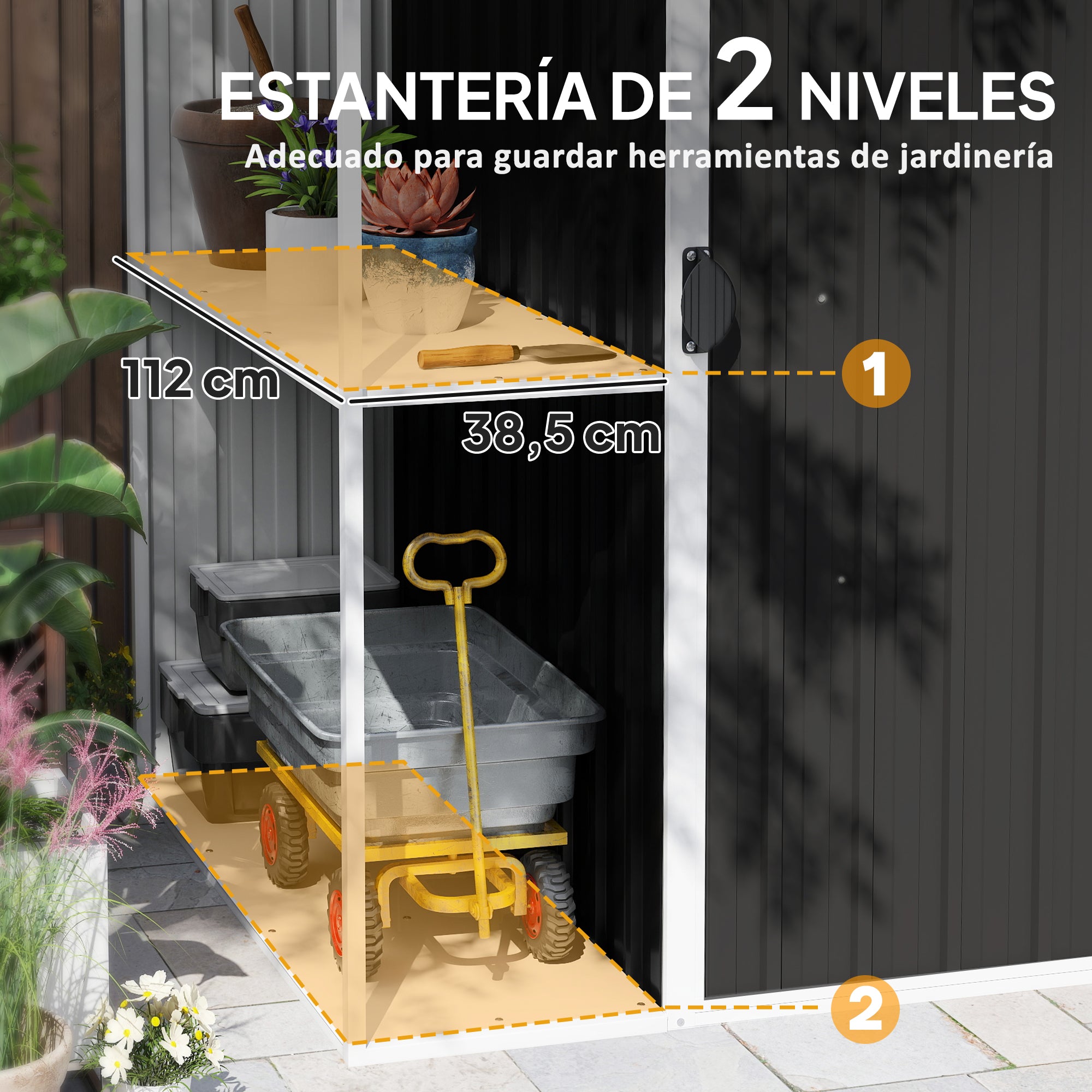 Outsunny Caseta de Jardín Exterior 2,7m² 245x117x180 cm Cobertizo de Jardín Exterior con Estante de 2 Niveles 4 Ventilaciones y Puerta con Cerradura Cobertizo para Terraza Patio Gris Carbón