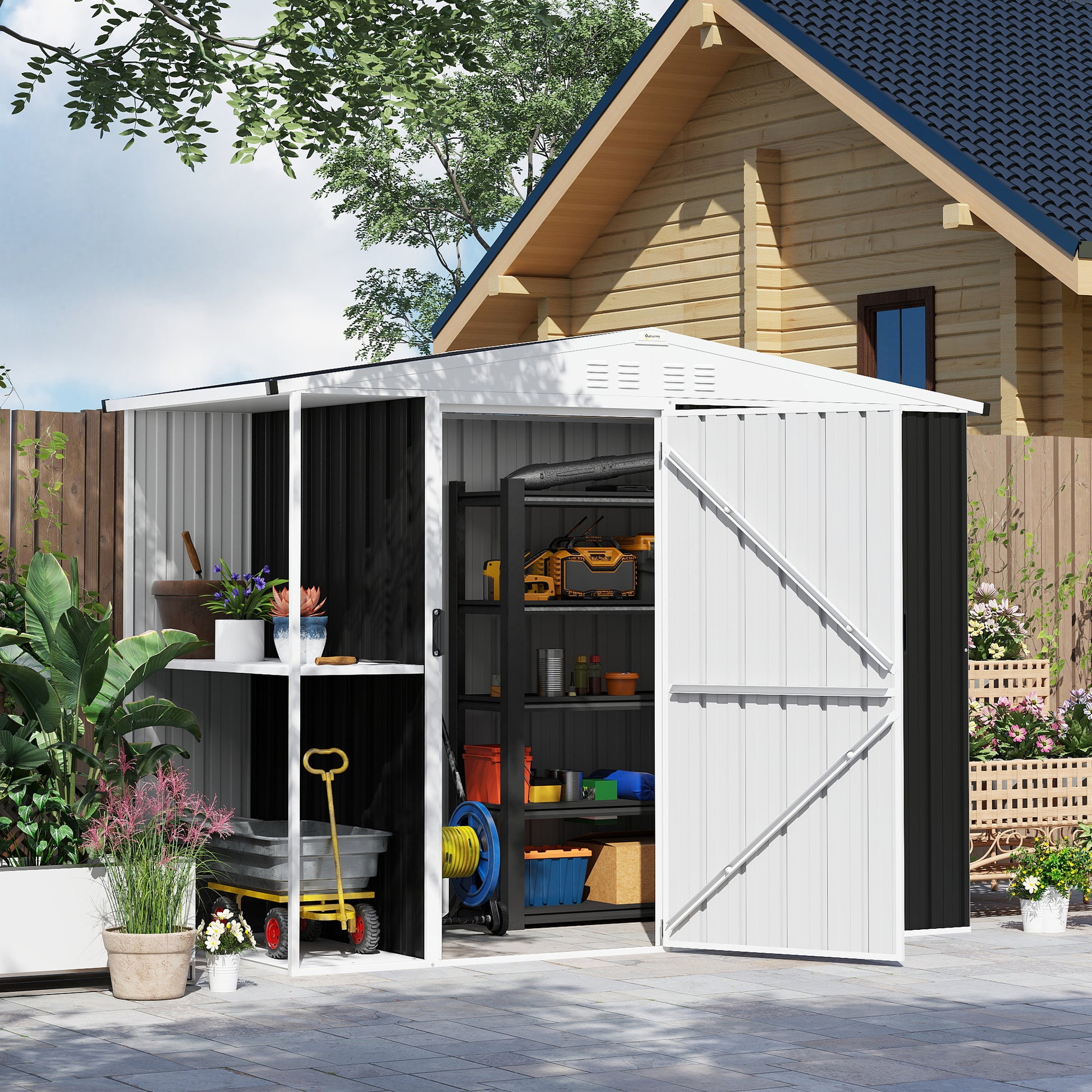 Outsunny Caseta de Jardín Exterior 2,7m² 245x117x180 cm Cobertizo de Jardín Exterior con Estante de 2 Niveles 4 Ventilaciones y Puerta con Cerradura Cobertizo para Terraza Patio Gris Carbón