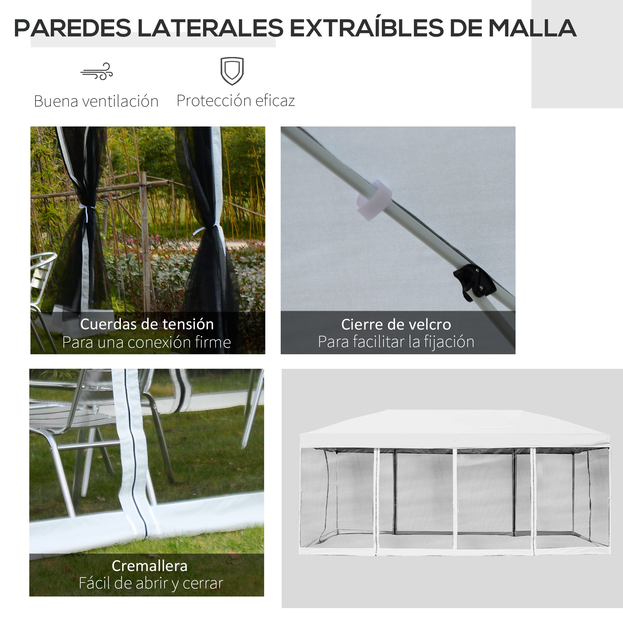Outsunny Carpa Plegable 6x3 m Cenador para Jardín Gazebo con 6 Cortinas Mosquitera y Cremallera Bolsa de Transporte Impermeable para Exterior Blanco