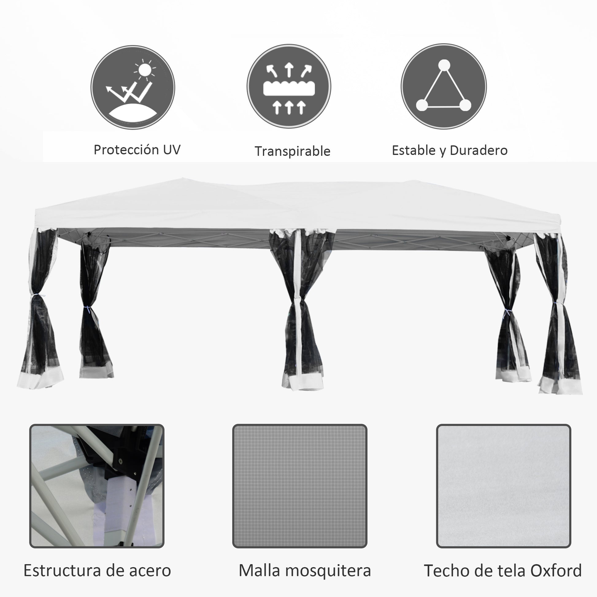 Outsunny Carpa Plegable 6x3 m Cenador para Jardín Gazebo con 6 Cortinas Mosquitera y Cremallera Bolsa de Transporte Impermeable para Exterior Blanco
