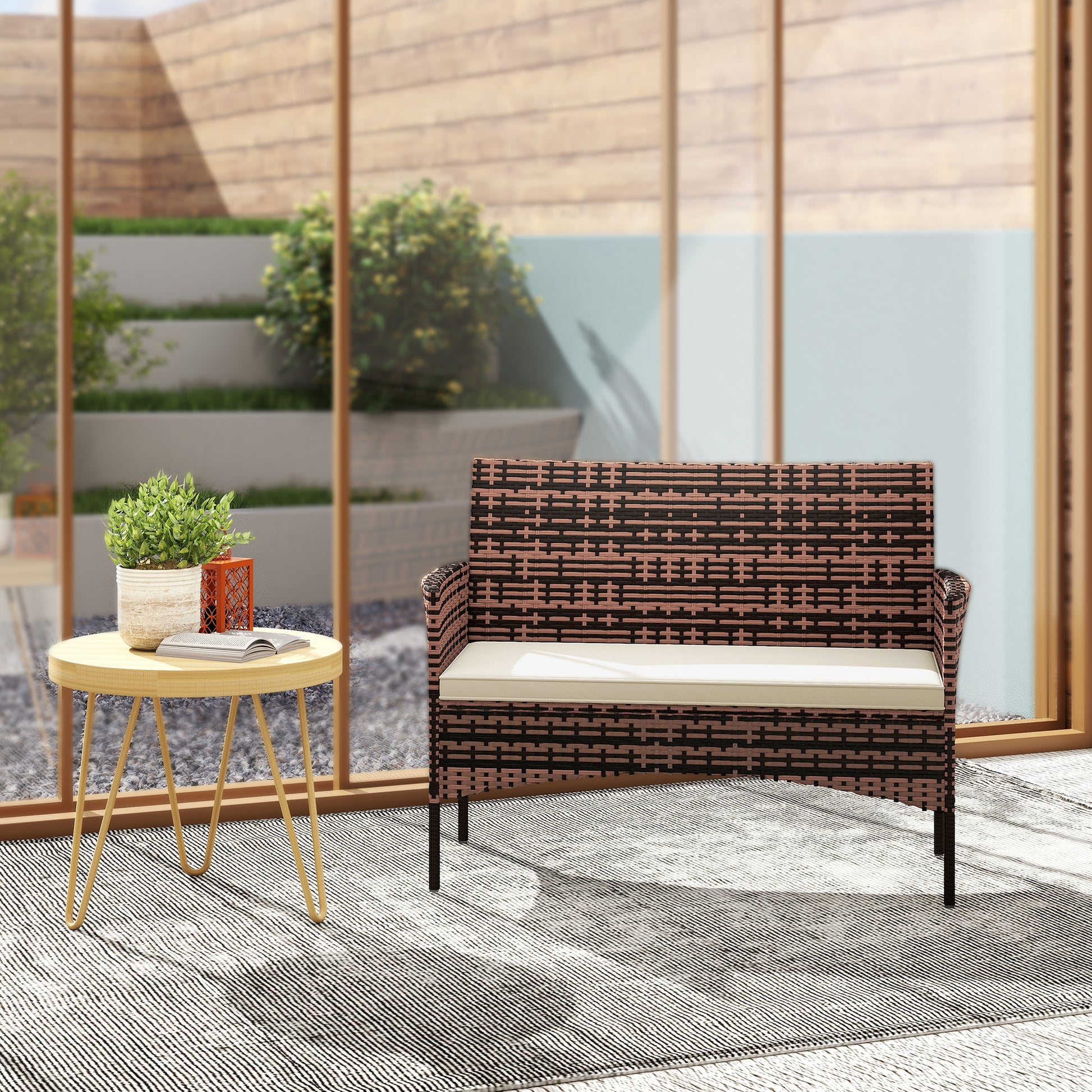 Outsunny Sofá Exterior de Ratán de 2 Plazas, Sofá de Jardín Exterior con Cojín Lavable, Estructura de Acero, para Balcón, Porche, Patio, Caqui
