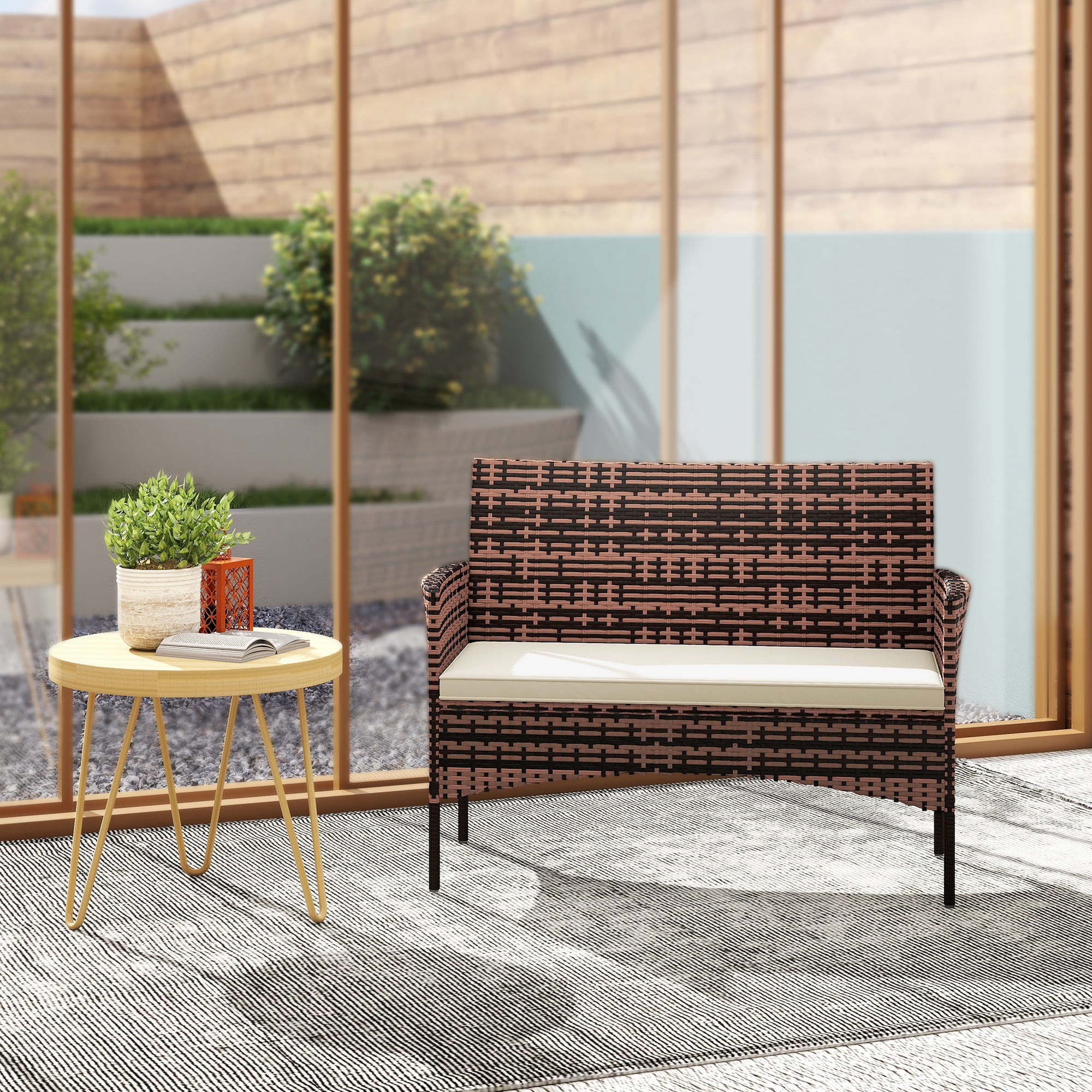 Outsunny Sofá Exterior de Ratán de 2 Plazas, Sofá de Jardín Exterior con Cojín Lavable, Estructura de Acero, para Balcón, Porche, Patio, Caqui