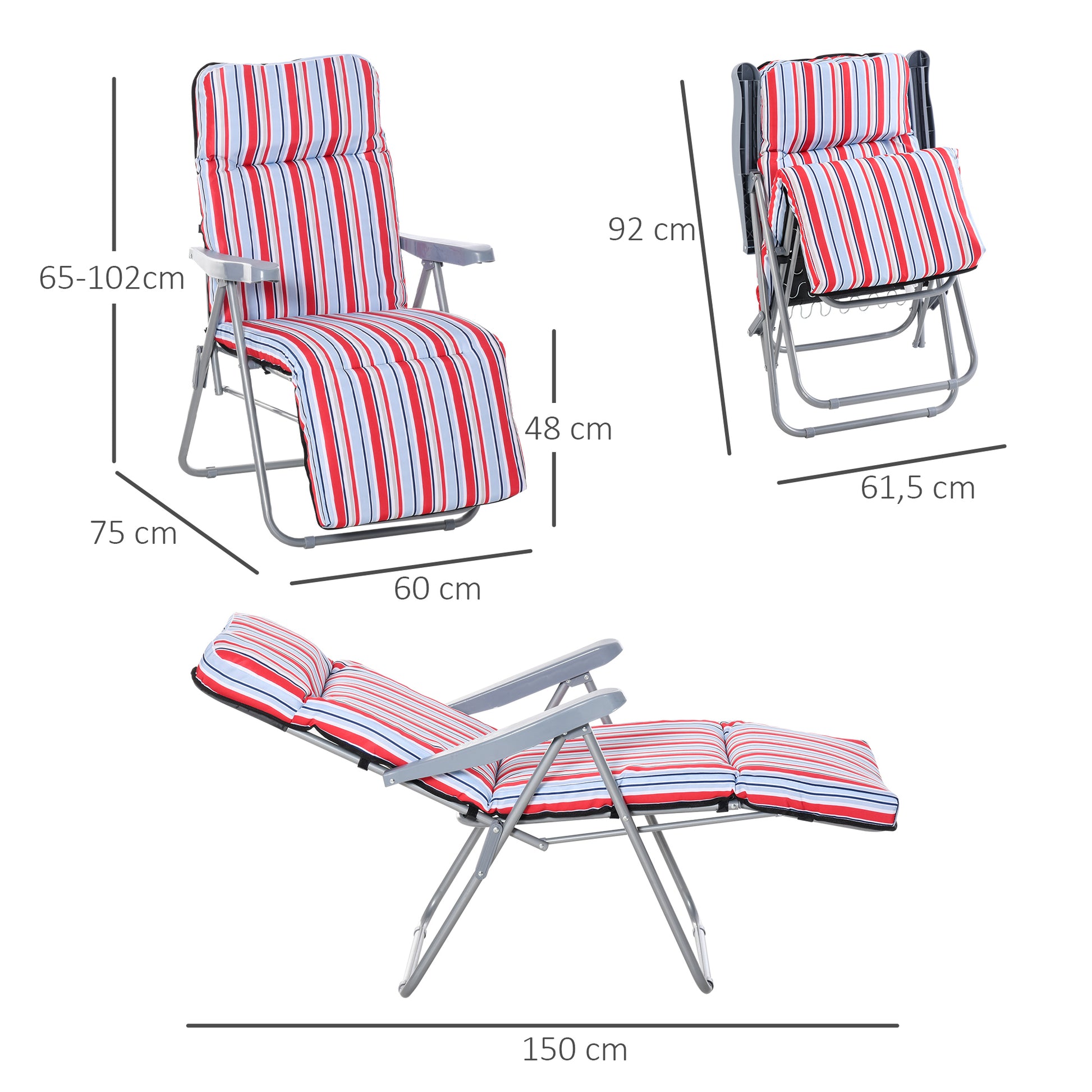 Outsunny Pack de 2 Tumbonas Plegables Tumbonas de Jardín Exterior con Cojín Acolchado, Respaldo Ajustable en 5 Posiciones, Reposapiés y Marco de Acero, 60x75x65-102 cm, Rayas Rojo