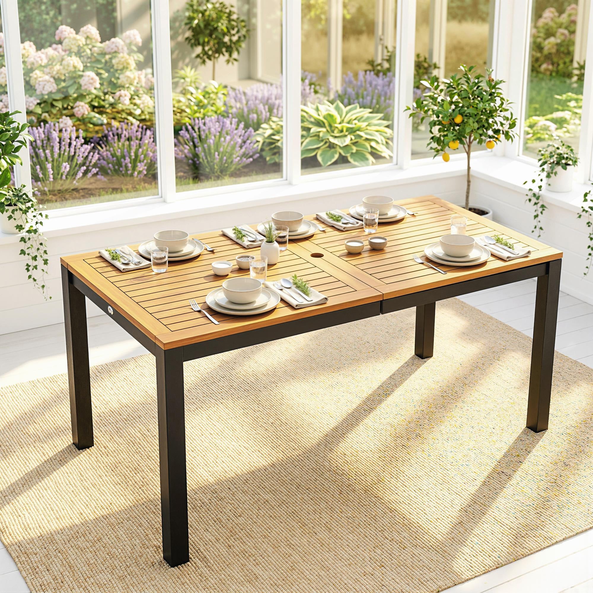 Outsunny Mesa de Comedor de Jardín de Madera de Acacia, Mesa de Terraza Exterior Rectangular 150x75x75 cm con Tablero de Listones, Orificio Sombrilla para 6 Personas, Carga 80 kg, para Patio, Natural