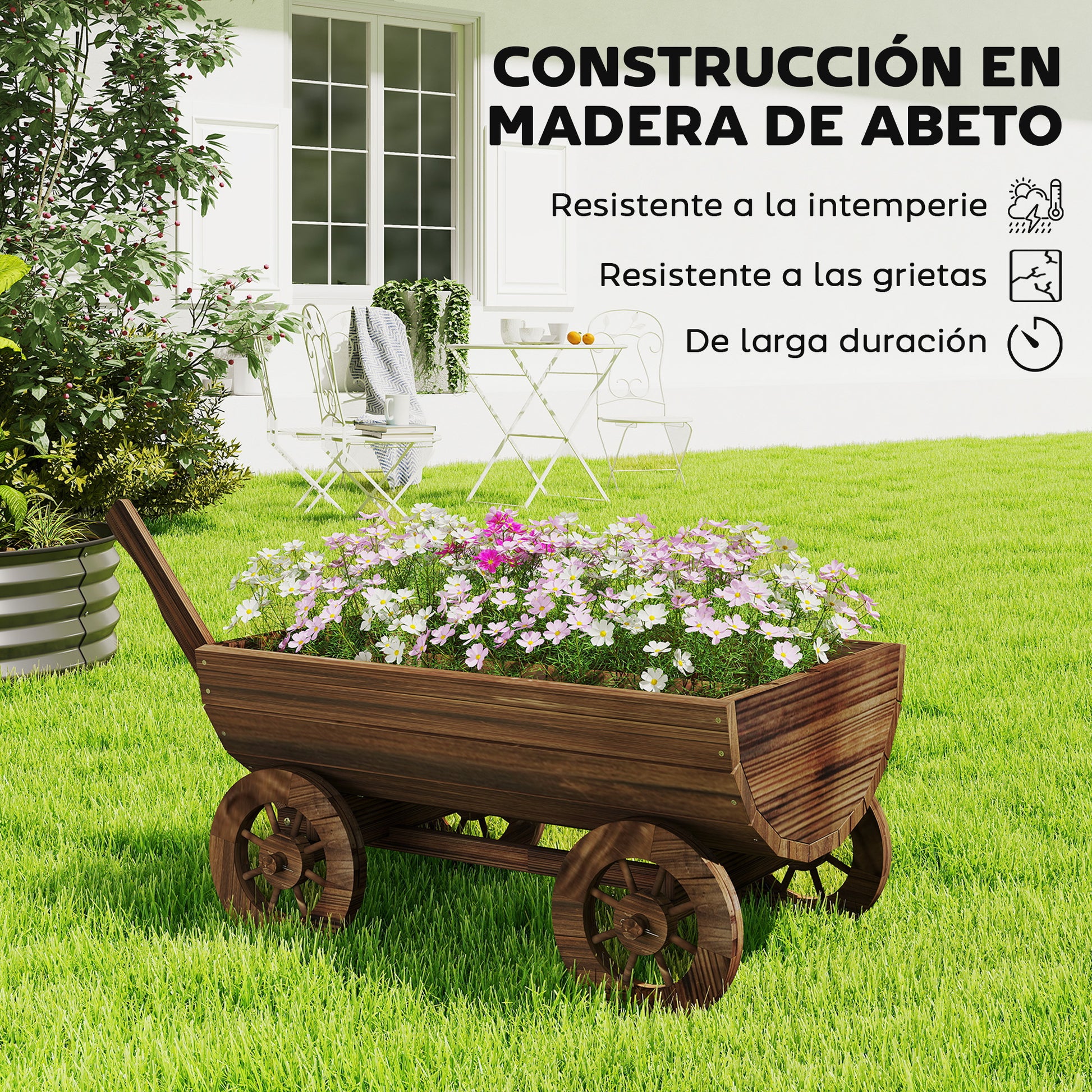 Outsunny Carrito de Madera Decorativa con 4 Ruedas y Mango, Jardinera Exterior Móvil con Orificio de Drenaje, Macetero Exterior para Cultivos, Plantas, Jardín, Terraza, 115x40x54,5 cm, Carbonizado
