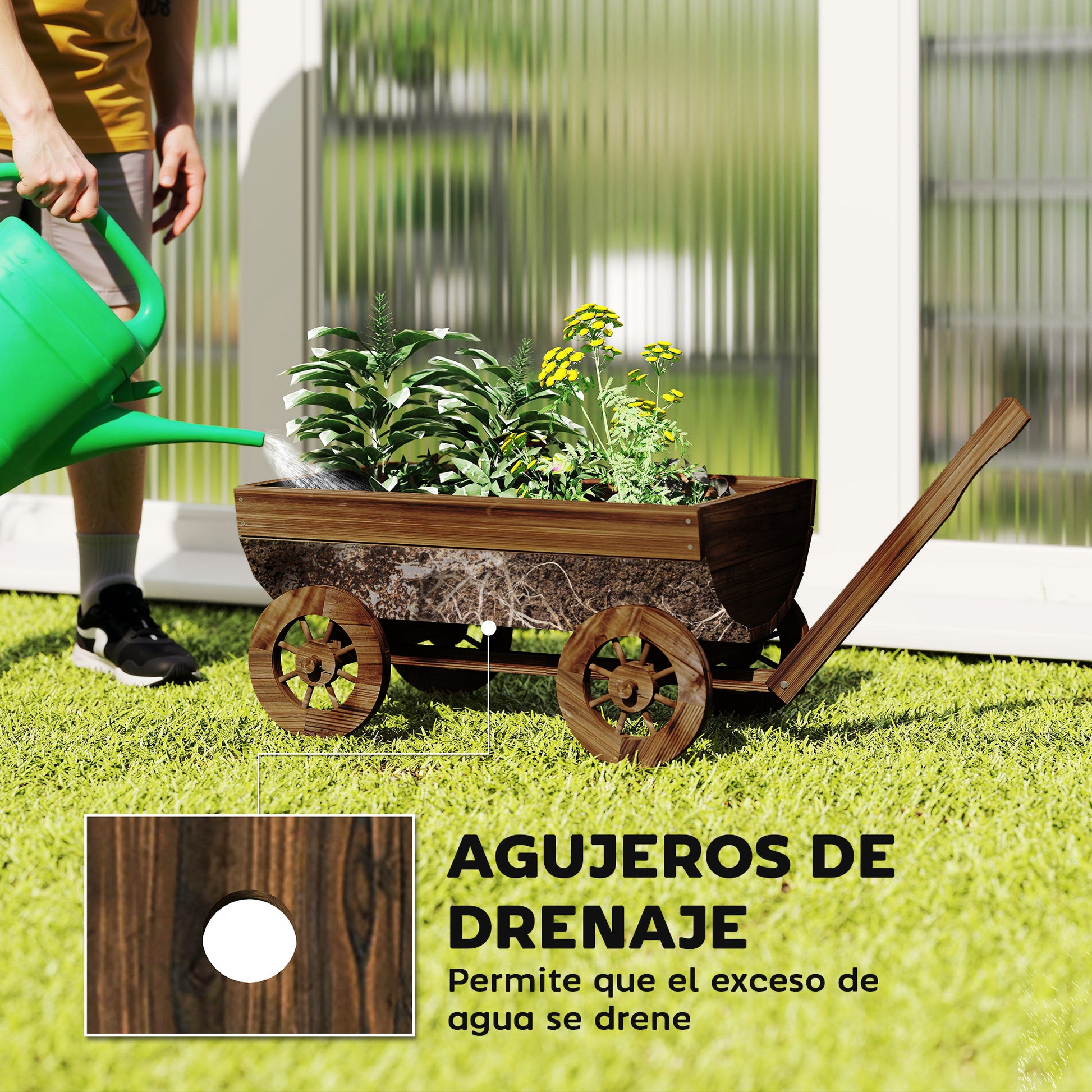 Outsunny Carrito de Madera Decorativa con 4 Ruedas y Mango, Jardinera Exterior Móvil con Orificio de Drenaje, Macetero Exterior para Cultivos, Plantas, Jardín, Terraza, 115x40x54,5 cm, Carbonizado