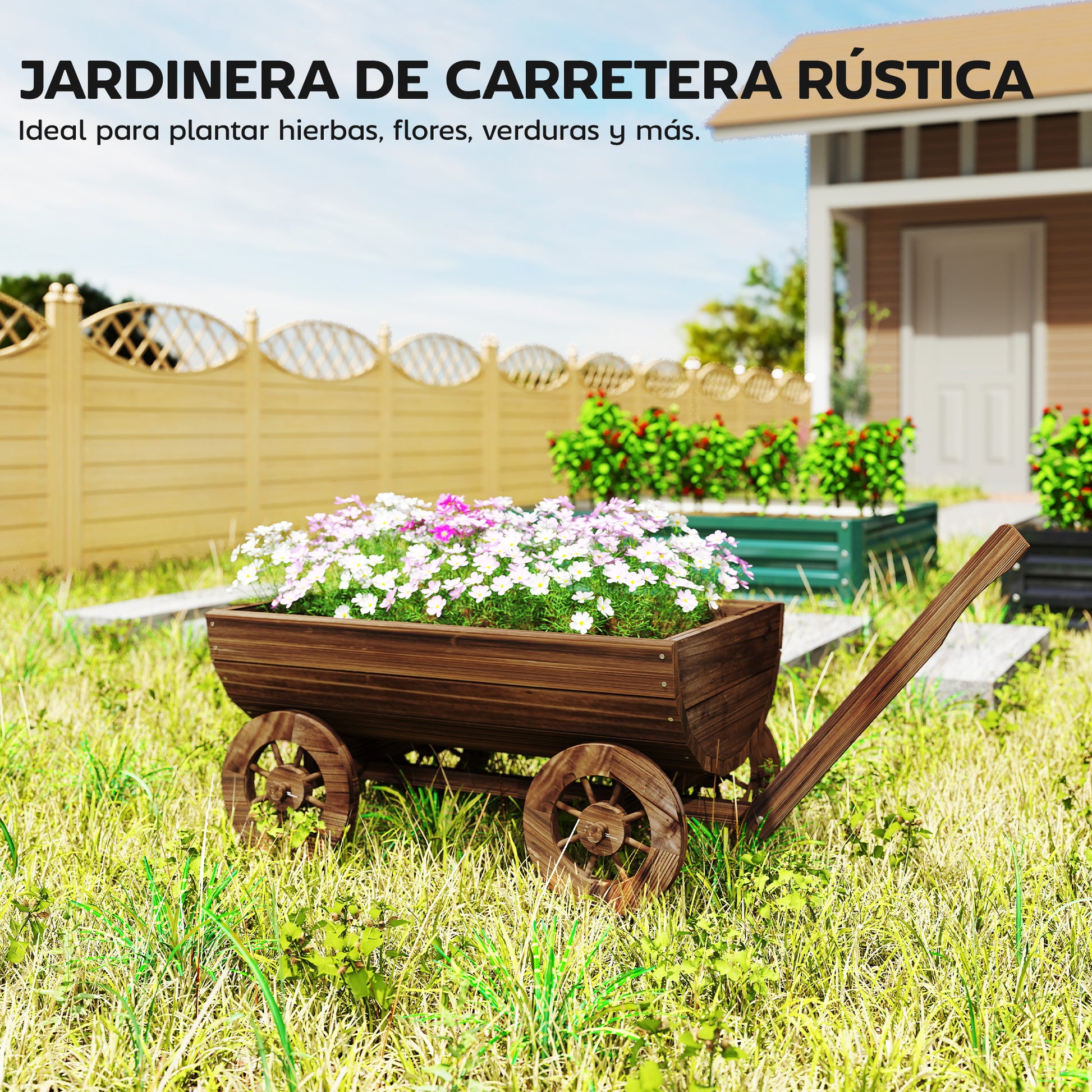 Outsunny Carrito de Madera Decorativa con 4 Ruedas y Mango, Jardinera Exterior Móvil con Orificio de Drenaje, Macetero Exterior para Cultivos, Plantas, Jardín, Terraza, 115x40x54,5 cm, Carbonizado