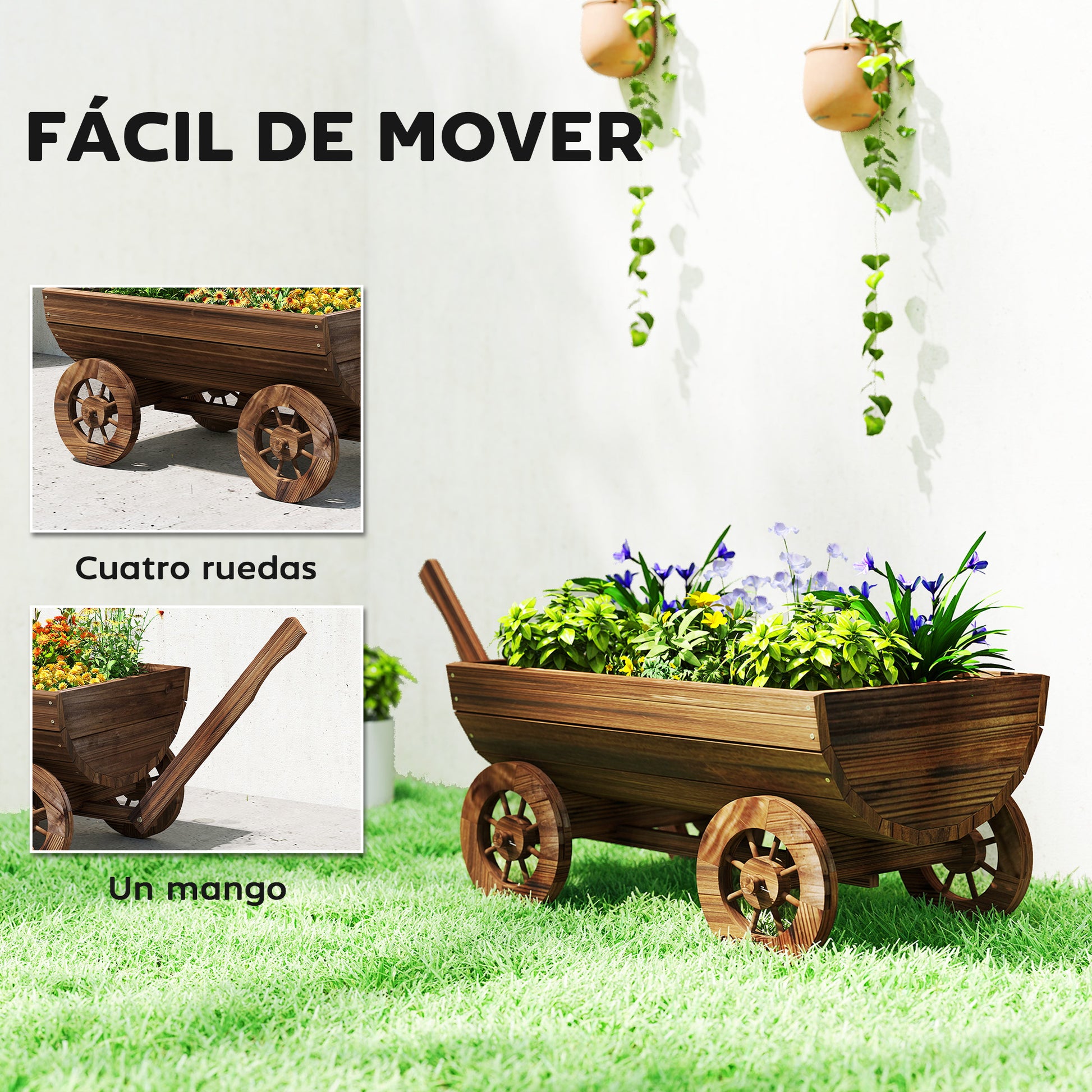 Outsunny Carrito de Madera Decorativa con 4 Ruedas y Mango, Jardinera Exterior Móvil con Orificio de Drenaje, Macetero Exterior para Cultivos, Plantas, Jardín, Terraza, 115x40x54,5 cm, Carbonizado