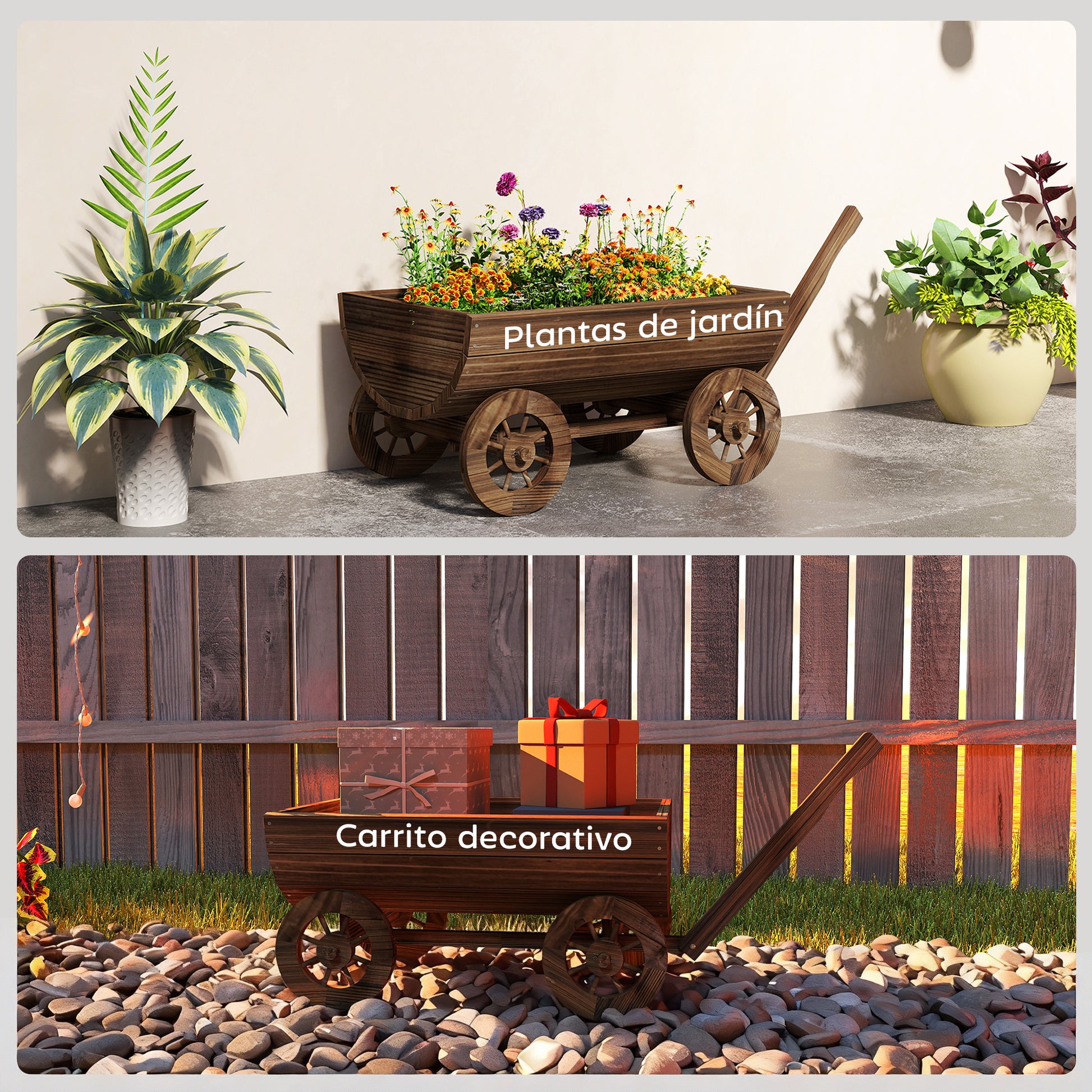 Outsunny Carrito de Madera Decorativa con 4 Ruedas y Mango, Jardinera Exterior Móvil con Orificio de Drenaje, Macetero Exterior para Cultivos, Plantas, Jardín, Terraza, 115x40x54,5 cm, Carbonizado