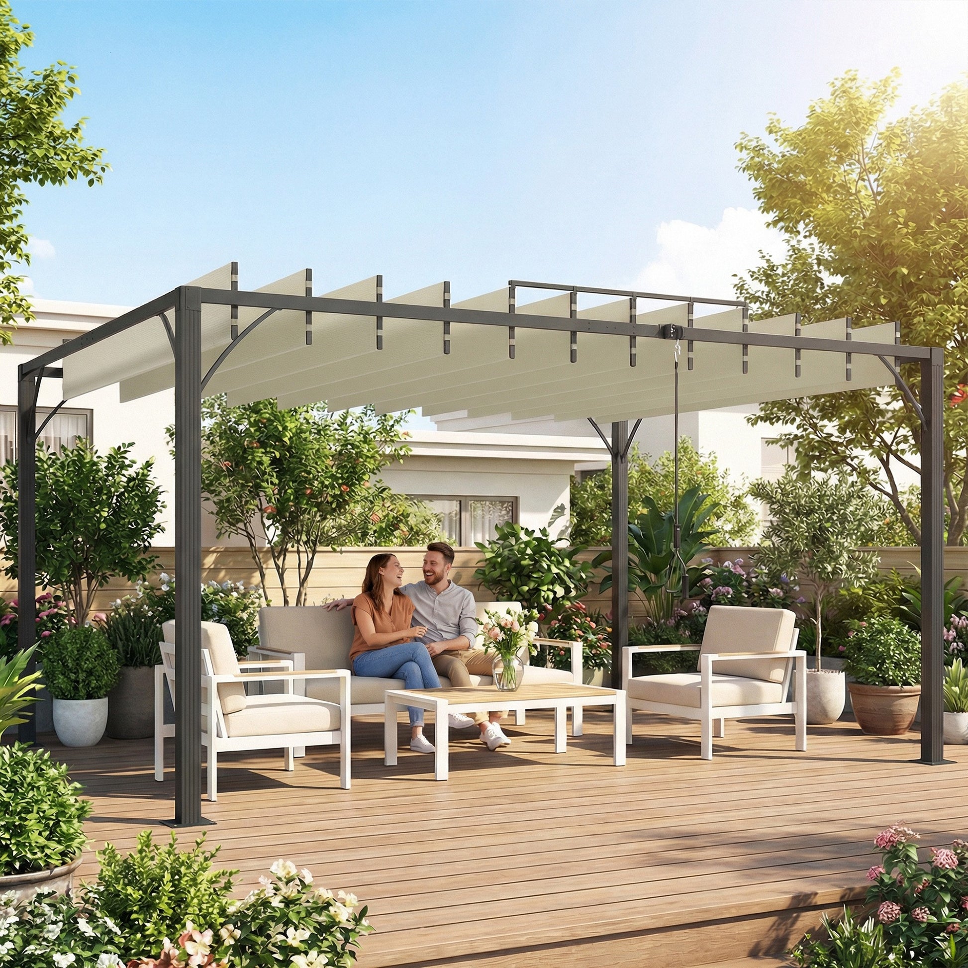 Outsunny Pérgola de Jardín 3x4 m, Cenador de Jardín con Techo de Lamas Orientables a 135°, Estructura de Aluminio, Protección UPF30+, Pabellón para Exterior, Patio, Terraza, Blanco Crema