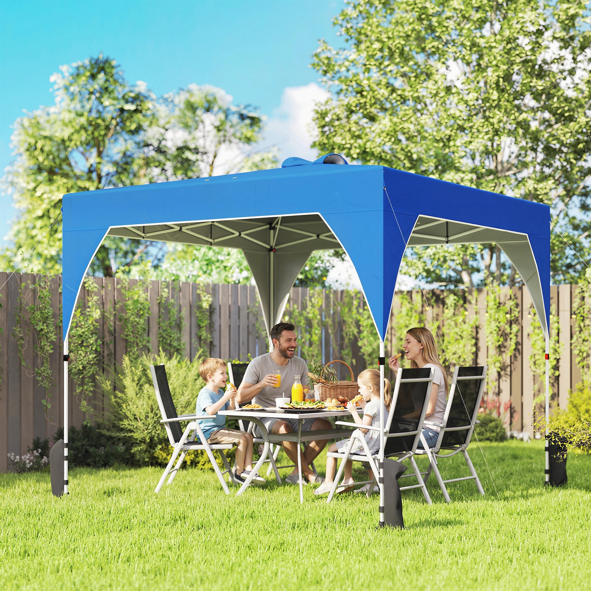 Outsunny Carpa Plegable 3x3 m, Pop-up, Cenador Pabellón de Jardín con Ventilación Superior, Bloqueo Central, UPF50+, Altura Ajustable 3 Niveles, Bolsa Transporte con Ruedas, Sacos de Arena, Azul