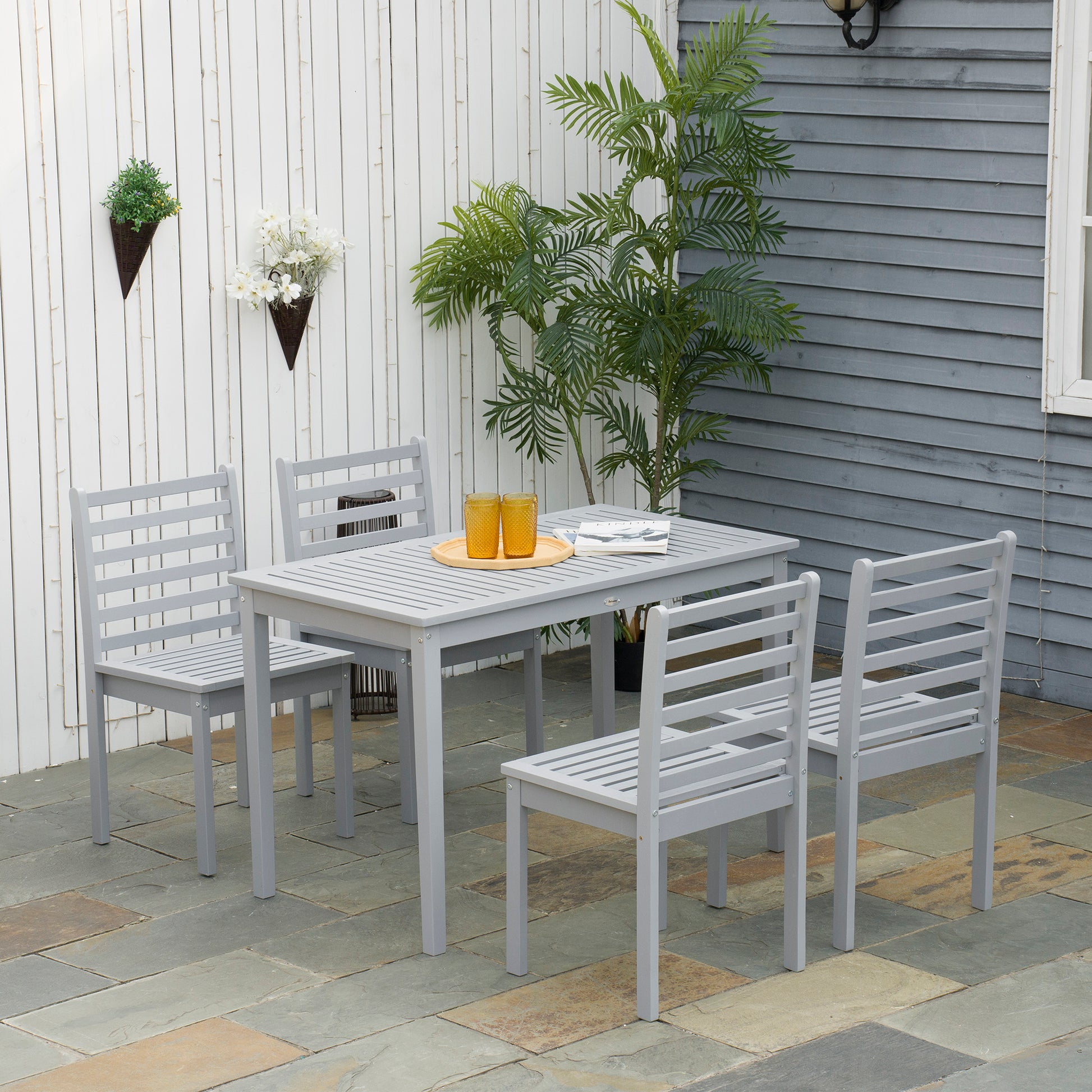 Outsunny Conjunto de Muebles de Jardín de 5 Piezas Juegos de Comedor de Jardín con 1 Mesa Rectangular y 4 Sillas para Terraza Patio Balcón Gris