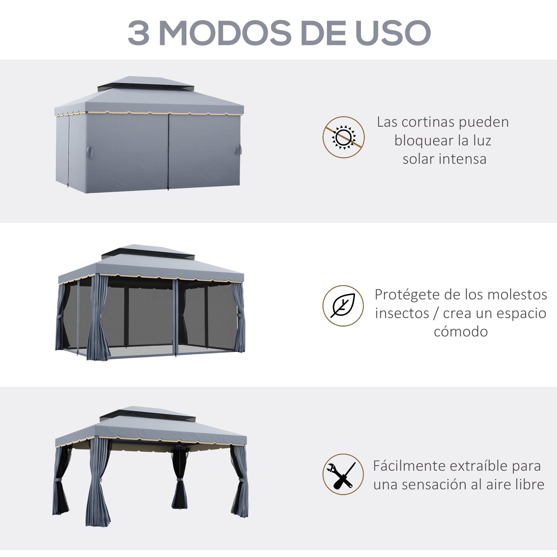 Outsunny Conjunto de Cenador Incluye 1 Cenador de Jardín 4x3 m con 4 Cortinas Laterales 4 Mosquiteras y 1 Techo de Repuesto 4x3 m para Fiestas Eventos Exterior Gris y Crema