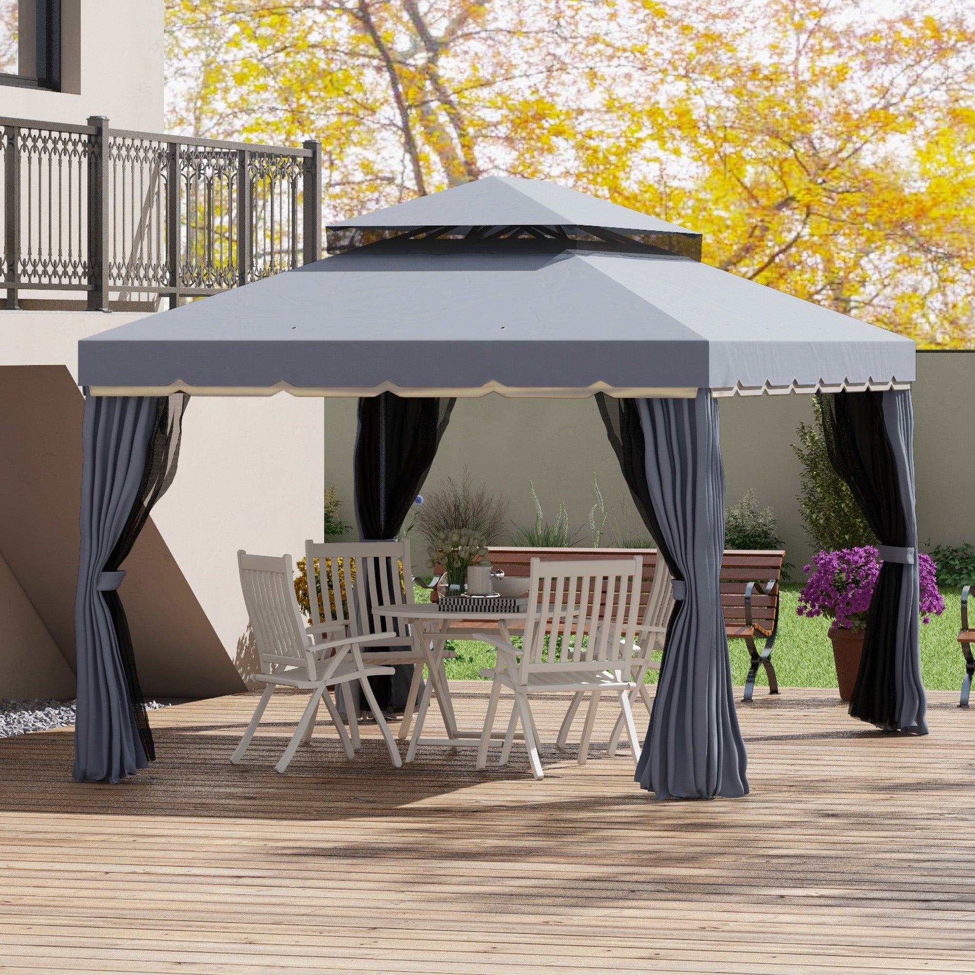 Outsunny Conjunto de Cenador Incluye 1 Cenador de Jardín 4x3 m con 4 Cortinas Laterales 4 Mosquiteras y 1 Techo de Repuesto 4x3 m para Fiestas Eventos Exterior Gris y Crema