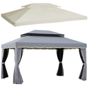 Outsunny Conjunto de Cenador Incluye 1 Cenador de Jardín 4x3 m con 4 Cortinas Laterales 4 Mosquiteras y 1 Techo de Repuesto 4x3 m para Fiestas Eventos Exterior Gris y Crema