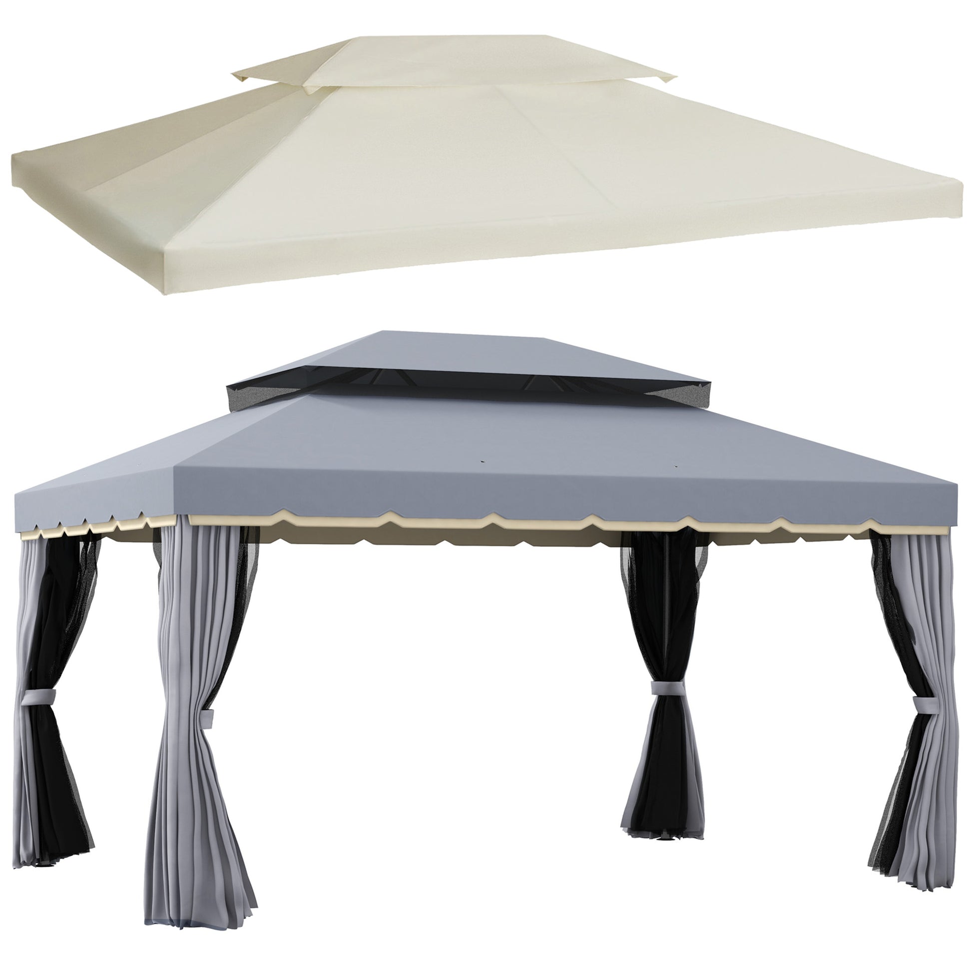 Outsunny Conjunto de Cenador Incluye 1 Cenador de Jardín 4x3 m con 4 Cortinas Laterales 4 Mosquiteras y 1 Techo de Repuesto 4x3 m para Fiestas Eventos Exterior Gris y Crema