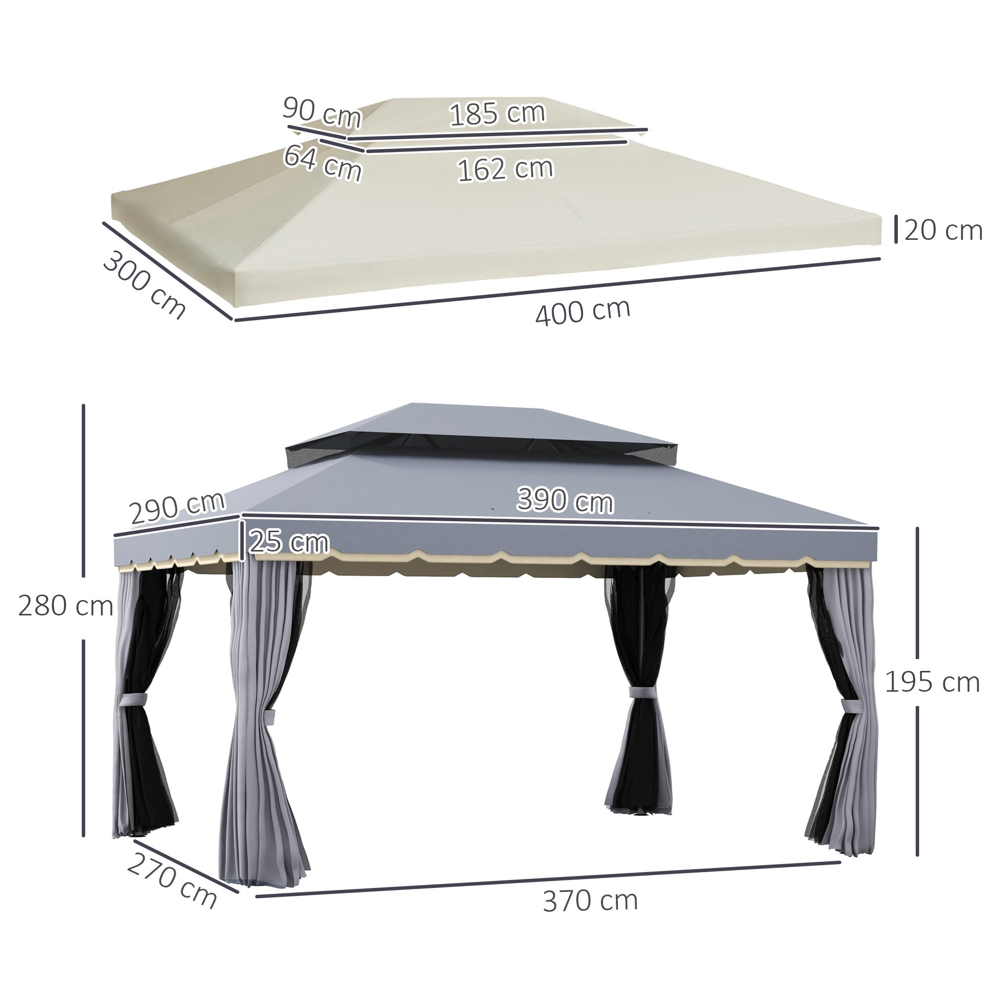 Outsunny Conjunto de Cenador Incluye 1 Cenador de Jardín 4x3 m con 4 Cortinas Laterales 4 Mosquiteras y 1 Techo de Repuesto 4x3 m para Fiestas Eventos Exterior Gris y Crema
