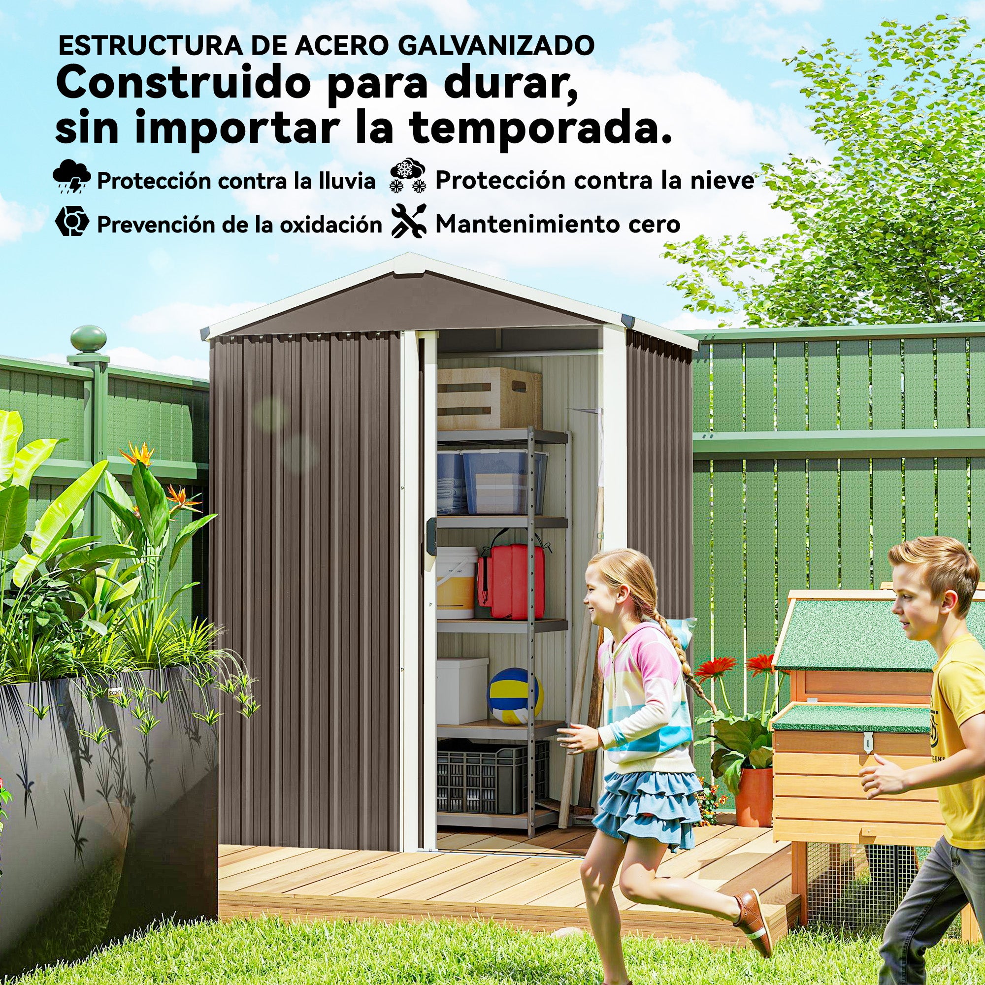 Outsunny Caseta de Jardín Exterior 1,1 m², 136x87x179 cm, Cobertizo de Jardín Exterior Metálico con Puerta Corredera, Techo Inclinado y Guantes, para Almacenaje de Herramientas Bicicletas, Marrón