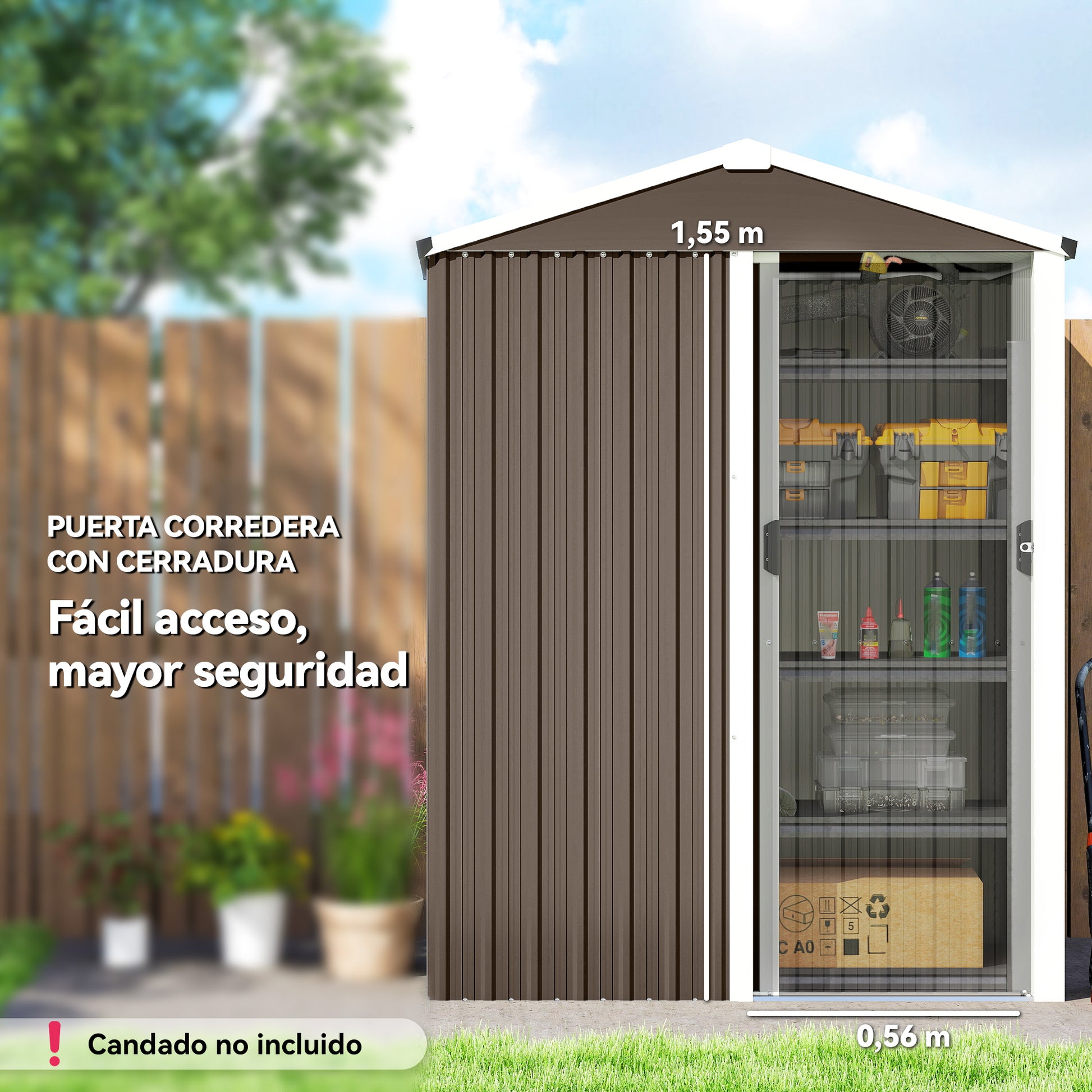 Outsunny Caseta de Jardín Exterior 1,1 m², 136x87x179 cm, Cobertizo de Jardín Exterior Metálico con Puerta Corredera, Techo Inclinado y Guantes, para Almacenaje de Herramientas Bicicletas, Marrón