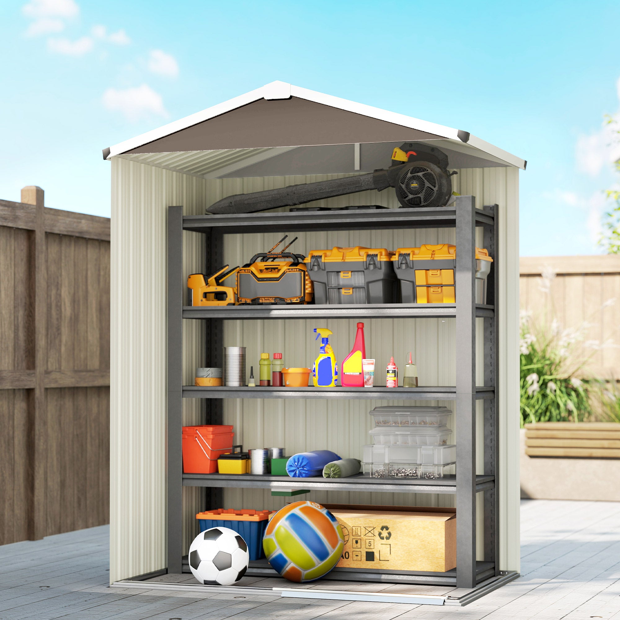 Outsunny Caseta de Jardín Exterior 1,1 m², 136x87x179 cm, Cobertizo de Jardín Exterior Metálico con Puerta Corredera, Techo Inclinado y Guantes, para Almacenaje de Herramientas Bicicletas, Marrón
