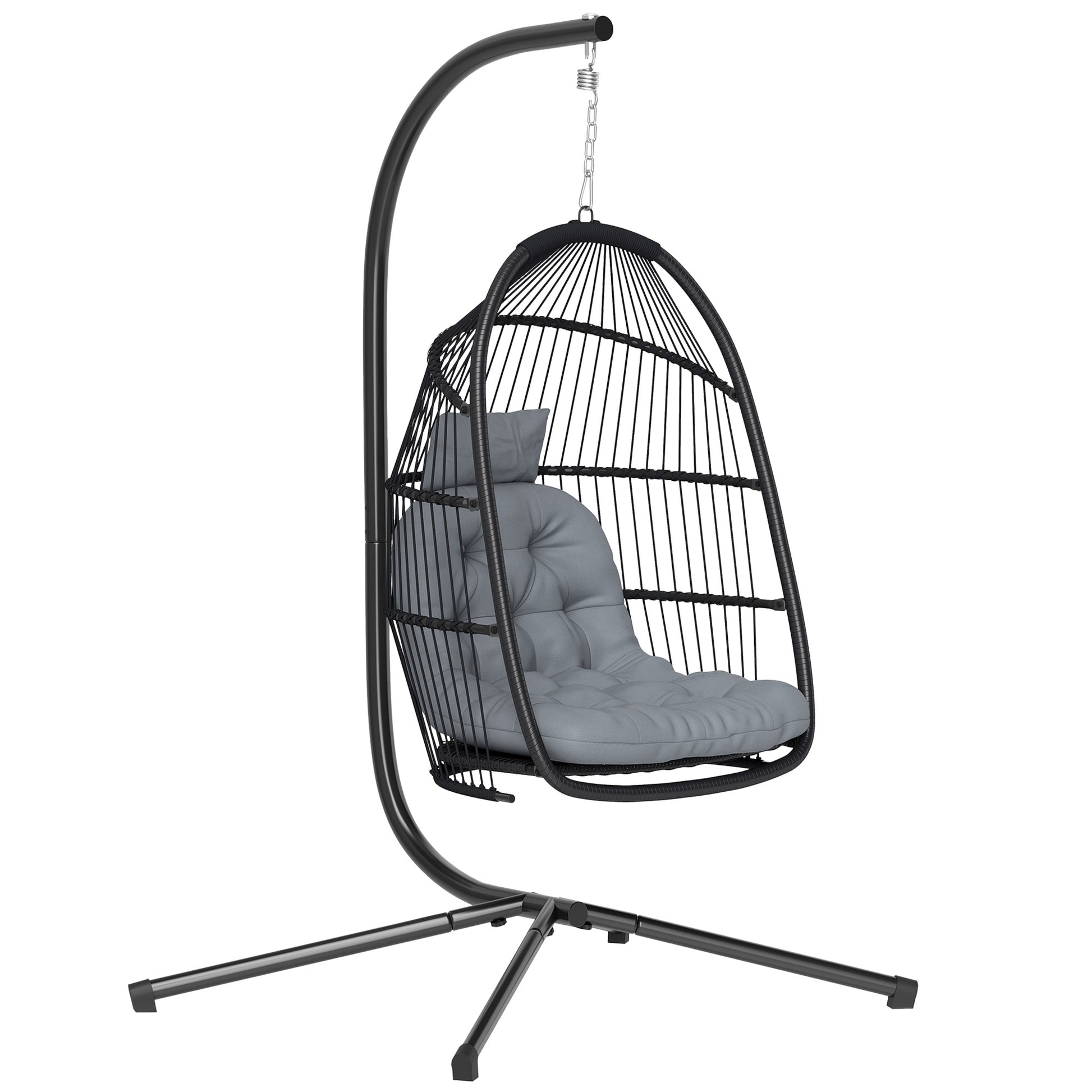 Outsunny Silla Colgante Huevo con Soporte, Columpio Jardín Exterior con Cesta Plegable, Cojín Anti-UV y Reposacabezas Desmontable para Interior y Exterior, Carga 150 kg, Gris Oscuro