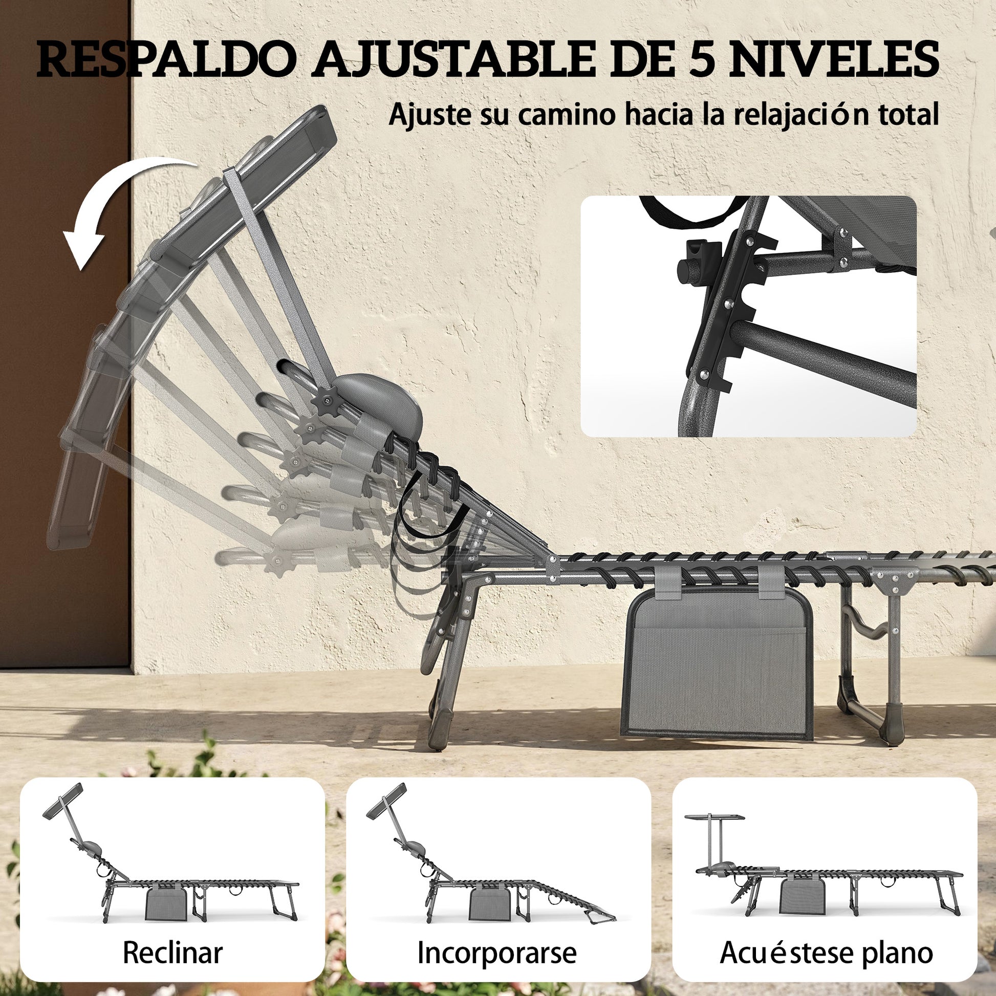 Outsunny Set de 2 Tumbonas Jardín Exterior, Tumbonas Plegables con Reposacabezas, Parasol y Bolsillo Lateral, Respaldo Reclinable 5 Posiciones y Asiento Malla Transpirable para Playa, Piscina, Gris