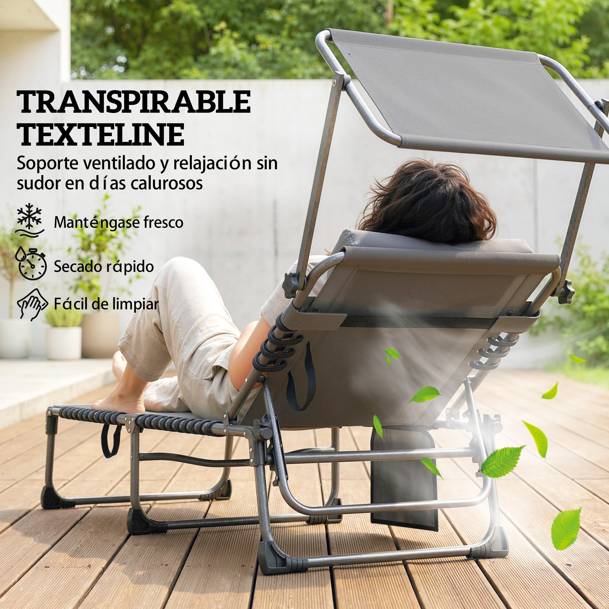 Outsunny Set de 2 Tumbonas Jardín Exterior, Tumbonas Plegables con Reposacabezas, Parasol y Bolsillo Lateral, Respaldo Reclinable 5 Posiciones y Asiento Malla Transpirable para Playa, Piscina, Gris