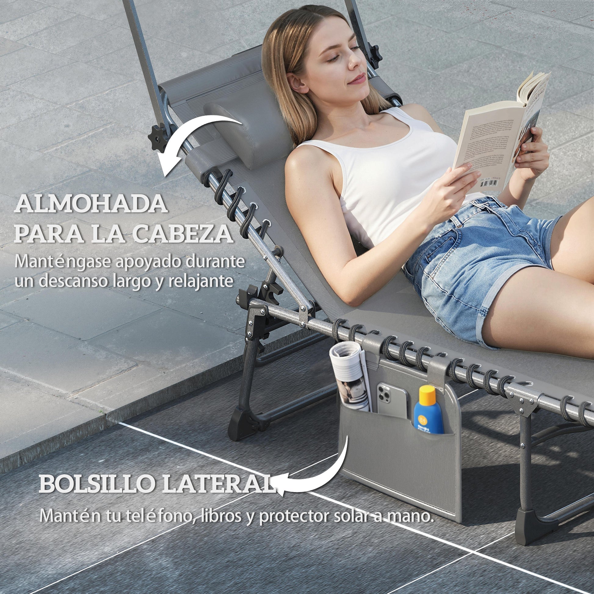 Outsunny Set de 2 Tumbonas Jardín Exterior, Tumbonas Plegables con Reposacabezas, Parasol y Bolsillo Lateral, Respaldo Reclinable 5 Posiciones y Asiento Malla Transpirable para Playa, Piscina, Gris