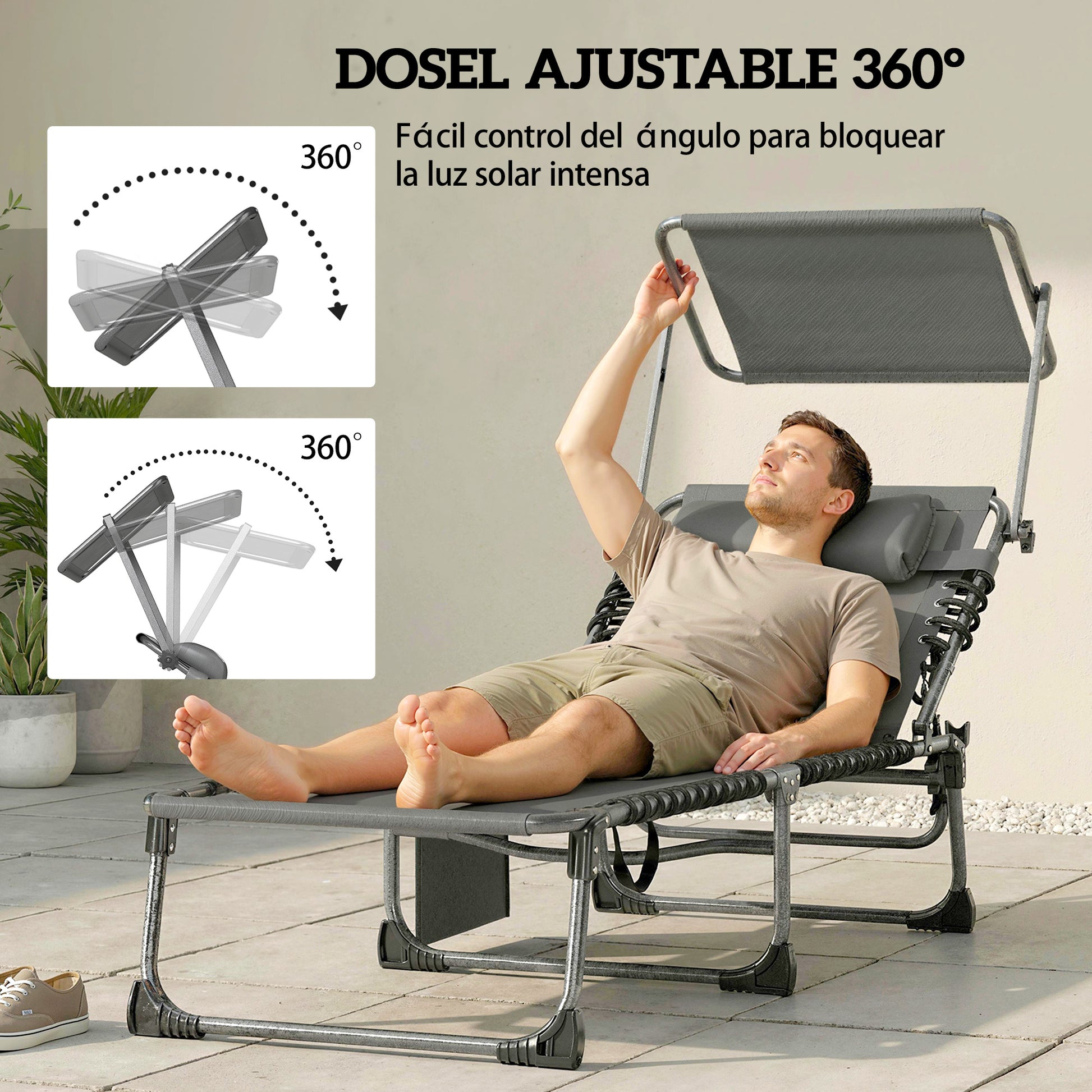 Outsunny Set de 2 Tumbonas Jardín Exterior, Tumbonas Plegables con Reposacabezas, Parasol y Bolsillo Lateral, Respaldo Reclinable 5 Posiciones y Asiento Malla Transpirable para Playa, Piscina, Gris