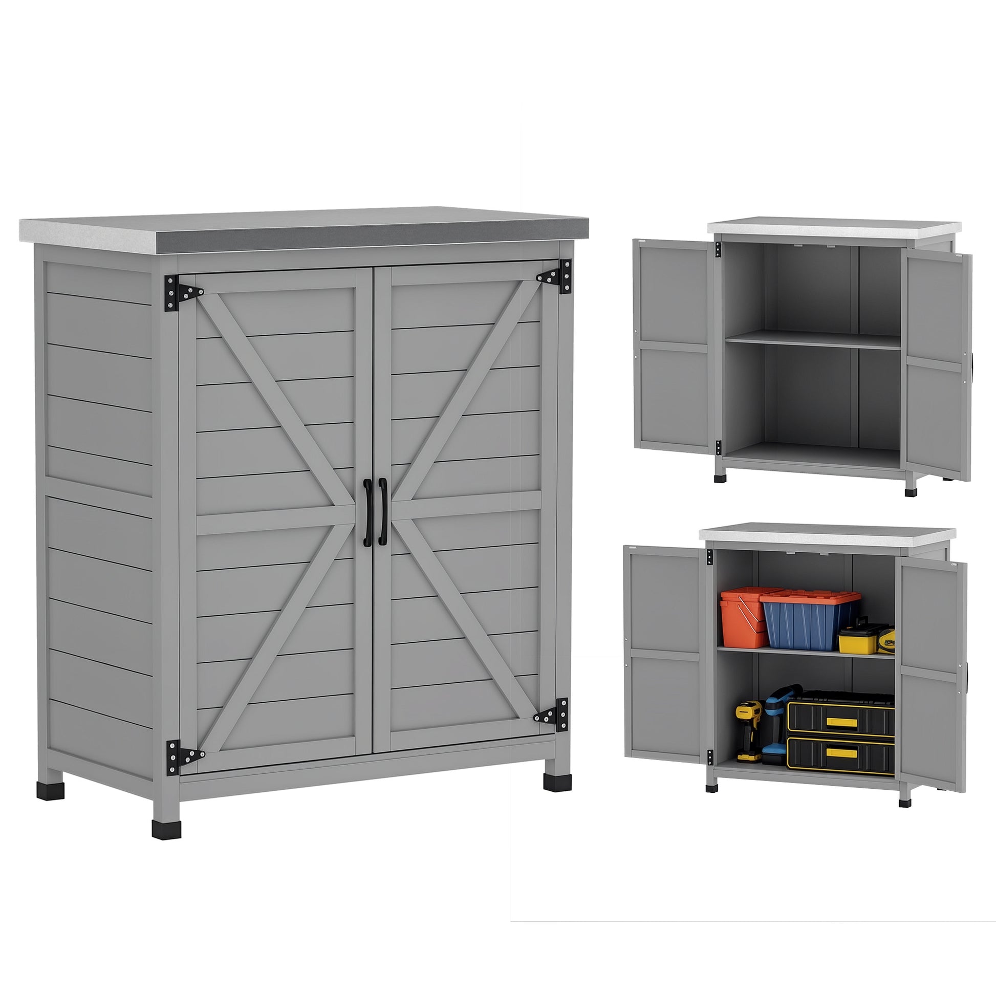 Outsunny Armario de Exterior de Madera, Caseta de Jardín Exterior con Techo de Acero Galvanizado, Estante, 2 Puertas, Cobertizo de Jardín para Almacenamiento de Herramientas, 79x43x92 cm, Gris
