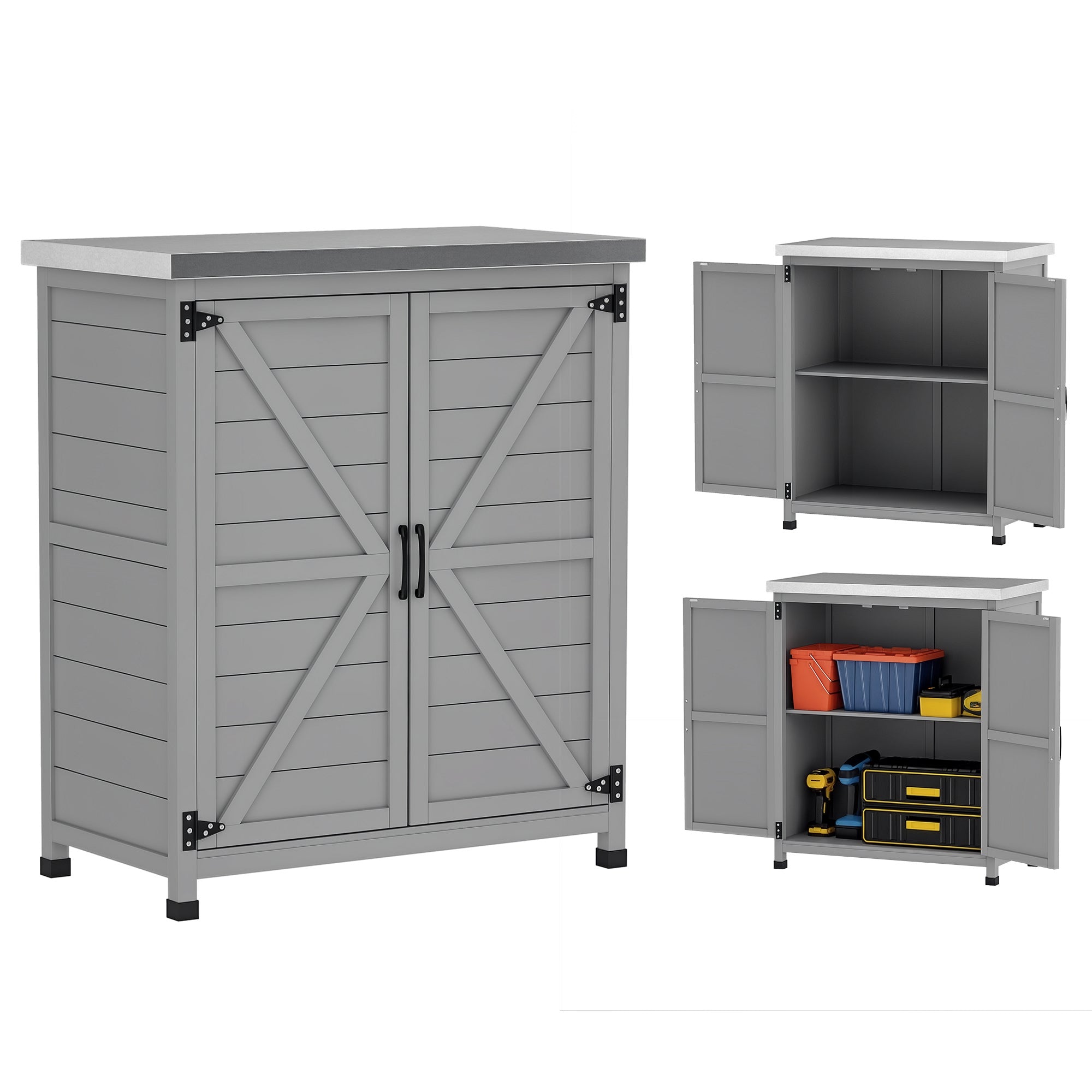 Outsunny Armario de Exterior de Madera, Caseta de Jardín Exterior con Techo de Acero Galvanizado, Estante, 2 Puertas, Cobertizo de Jardín para Almacenamiento de Herramientas, 79x43x92 cm, Gris
