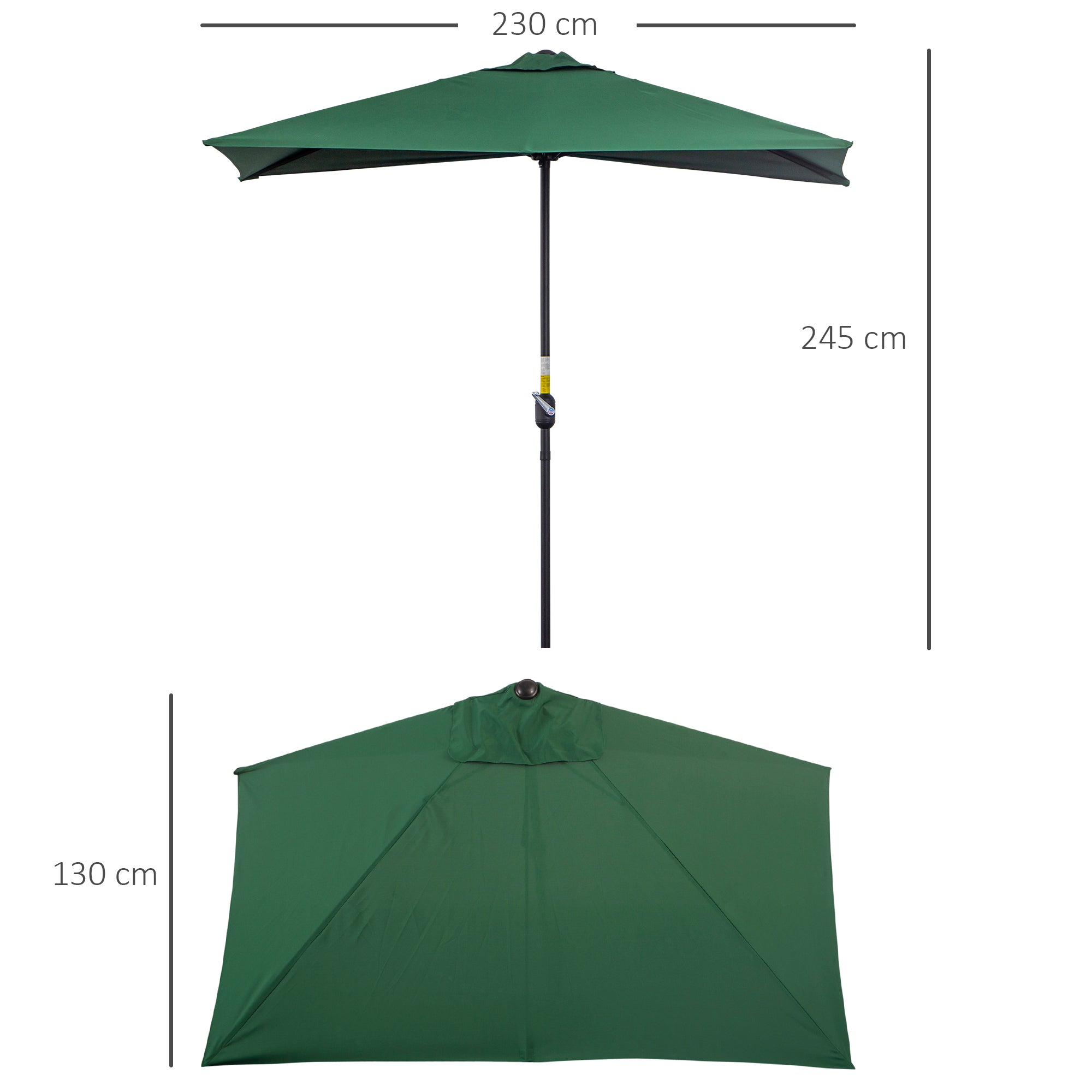Outsunny Sombrilla Rectangular 230x130x245 cm Parasol para Pared Media Sombrilla con Manivela Protección UV 30+ Impermeable Sombrilla para Balcón Terraza Jardín Verde