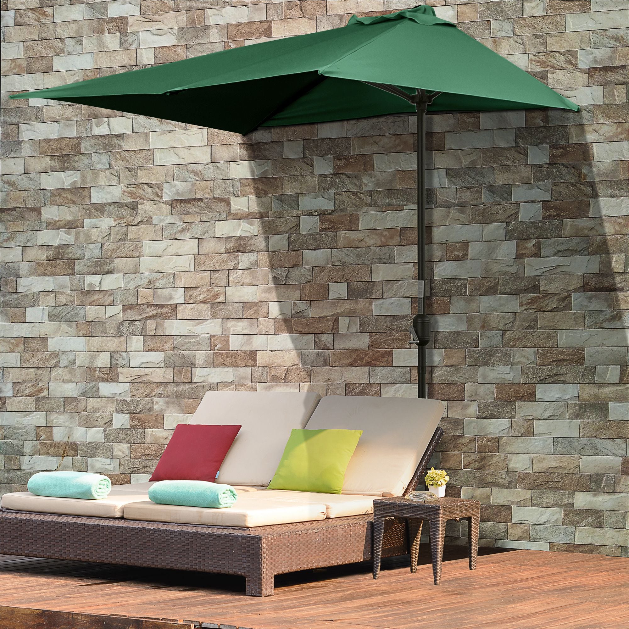 Outsunny Sombrilla Rectangular 230x130x245 cm Parasol para Pared Media Sombrilla con Manivela Protección UV 30+ Impermeable Sombrilla para Balcón Terraza Jardín Verde