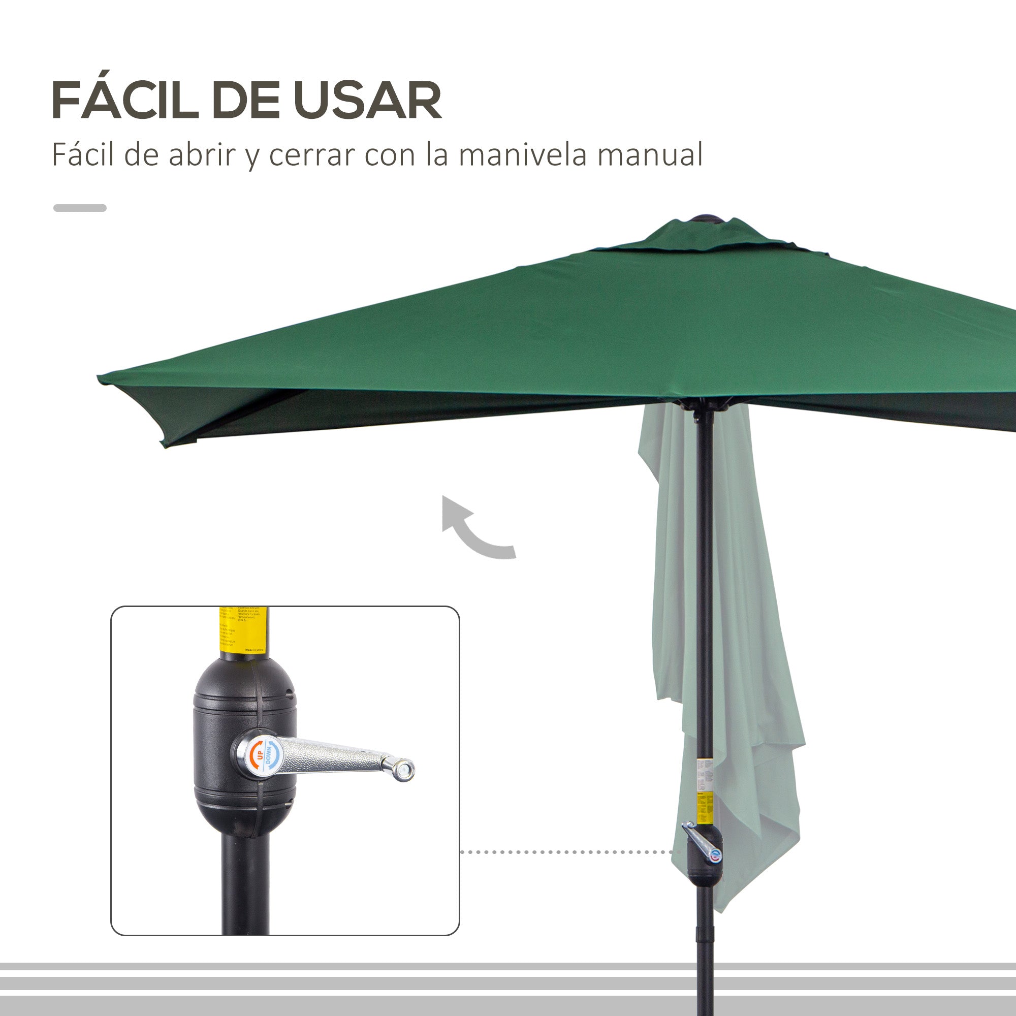 Outsunny Sombrilla Rectangular 230x130x245 cm Parasol para Pared Media Sombrilla con Manivela Protección UV 30+ Impermeable Sombrilla para Balcón Terraza Jardín Verde