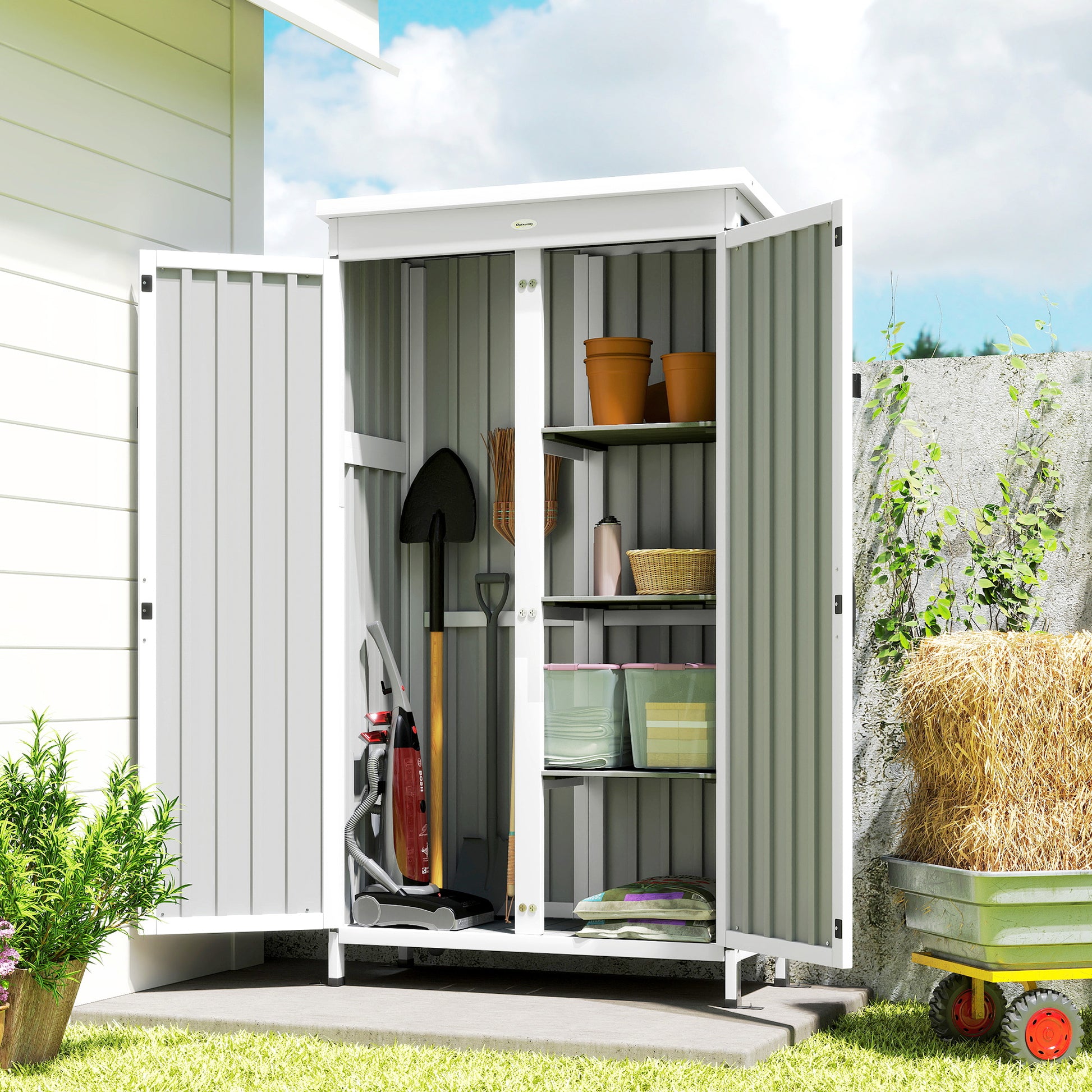 Outsunny Caseta de Jardín de Madera y Acero 94x43x166 cm Cobertizo Jardín Exterior Armario para Herramientas con 2 Puertas Estantes Ajustables Techo Impermeable para Terraza Fijación con Estacas Negro