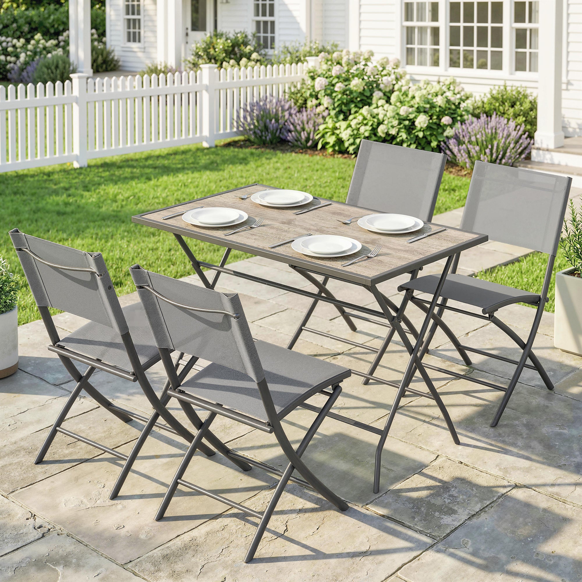 Outsunny Conjunto de Mesa y Sillas Jardín de 5 Piezas, Muebles de Jardín Exterior con 4 Sillas Plegables y Mesa Plegable, para Terraza, Patio, Gris