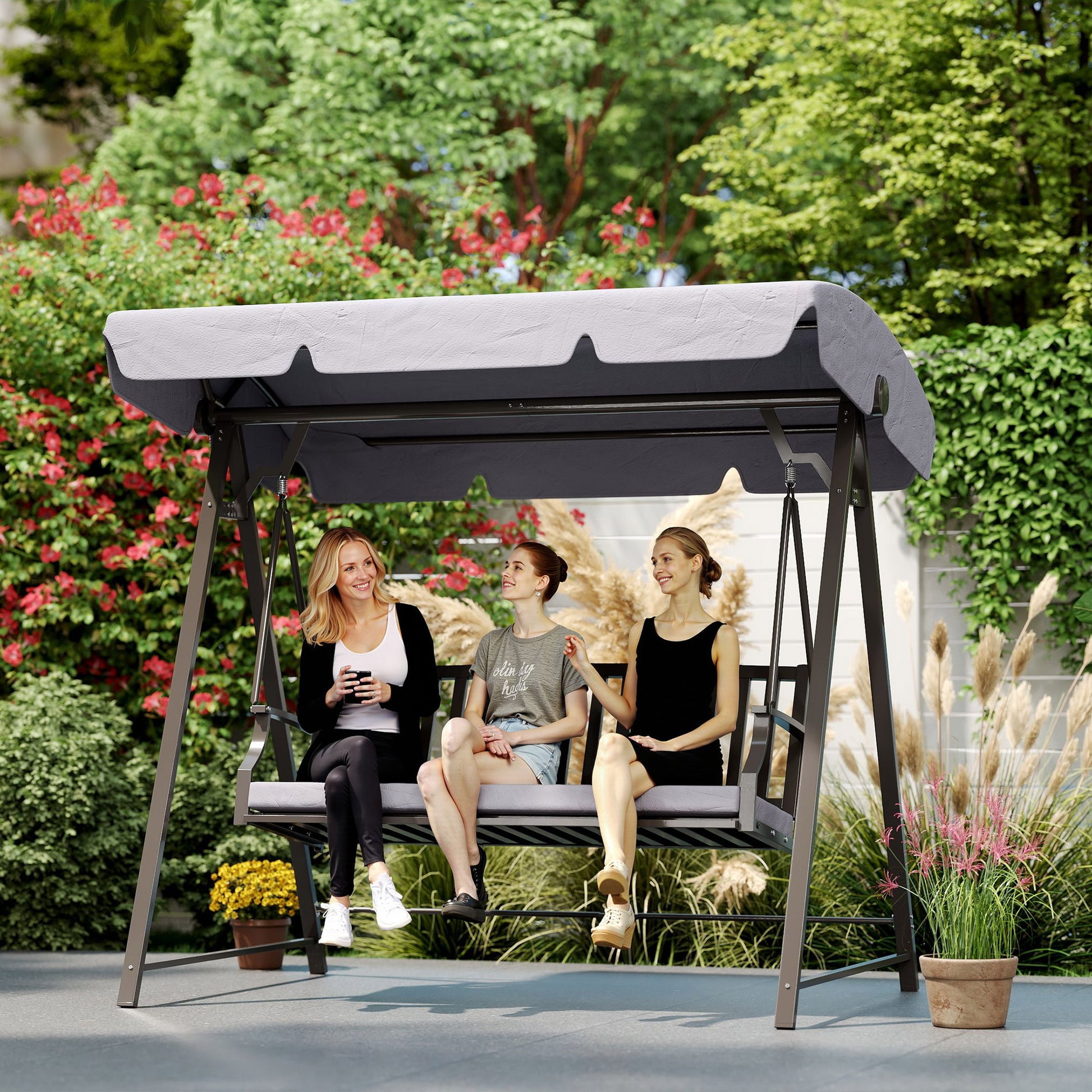Outsunny Columpio de Jardín Exterior de 3 Plazas Balancín de Jardín Exterior con Toldo Ajustable Cojín y Estructura de Acero Carga 360 kg 205x133x181 cm Gris