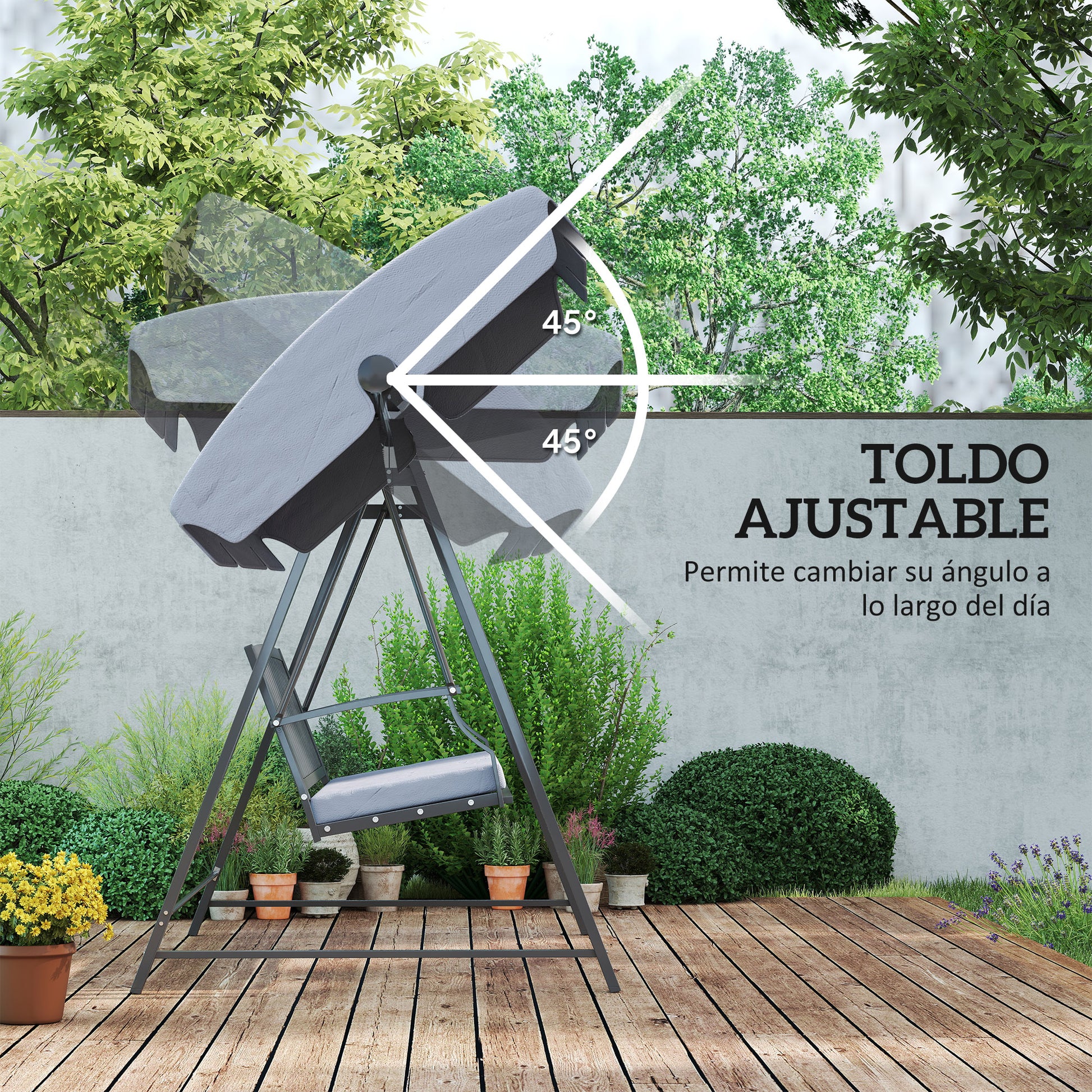 Outsunny Columpio de Jardín Exterior de 3 Plazas Balancín de Jardín Exterior con Toldo Ajustable Cojín y Estructura de Acero Carga 360 kg 205x133x181 cm Gris