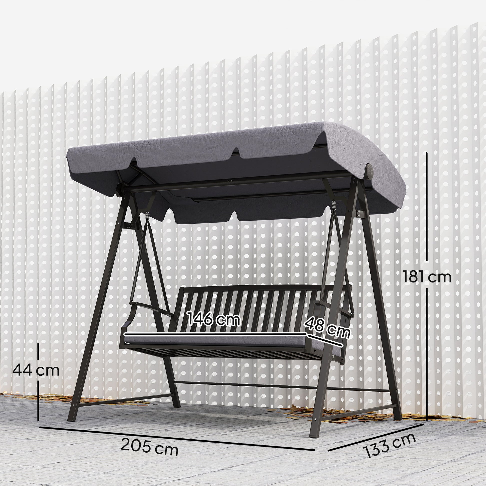 Outsunny Columpio de Jardín Exterior de 3 Plazas Balancín de Jardín Exterior con Toldo Ajustable Cojín y Estructura de Acero Carga 360 kg 205x133x181 cm Gris