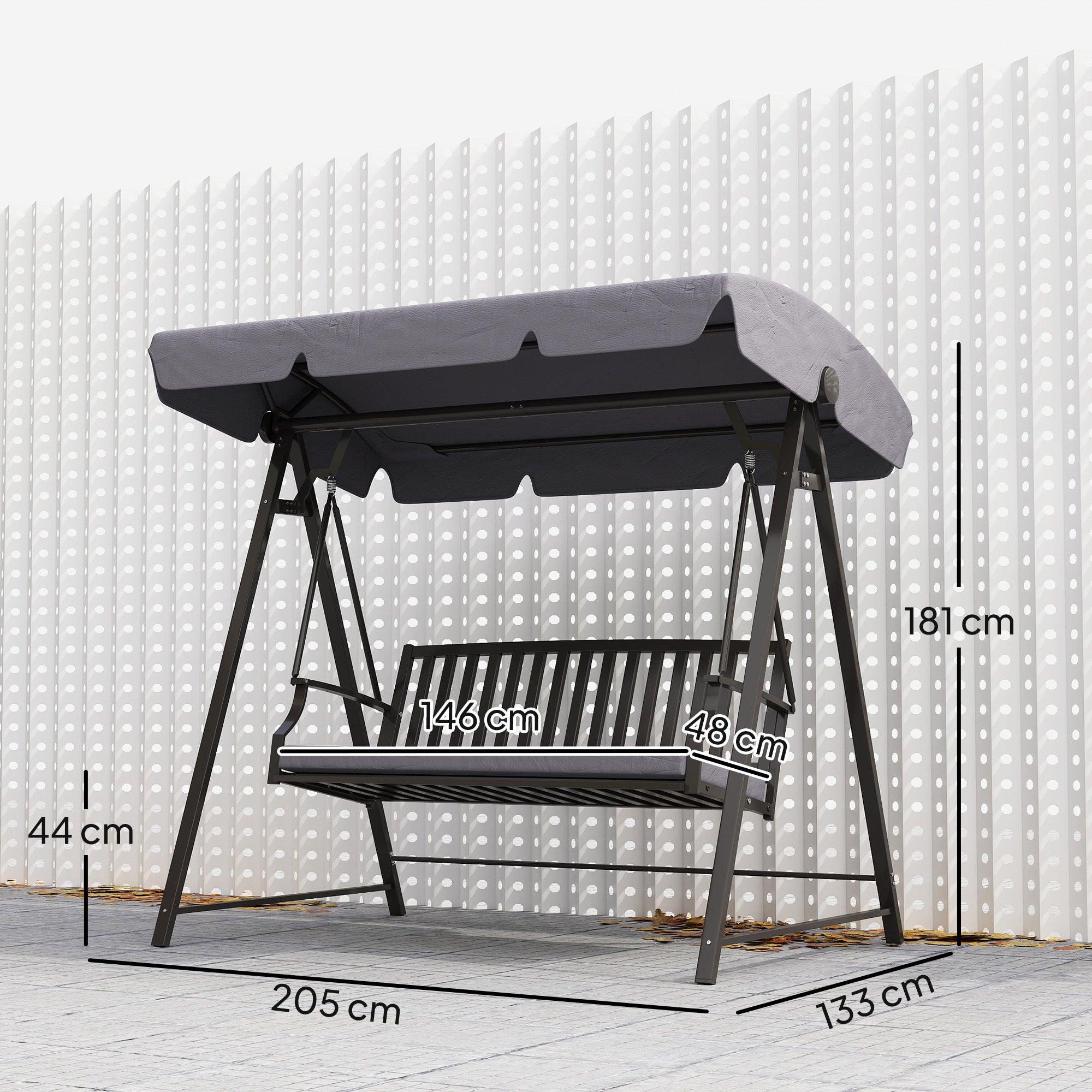 Outsunny Columpio de Jardín Exterior de 3 Plazas Balancín de Jardín Exterior con Toldo Ajustable Cojín y Estructura de Acero Carga 360 kg 205x133x181 cm Gris
