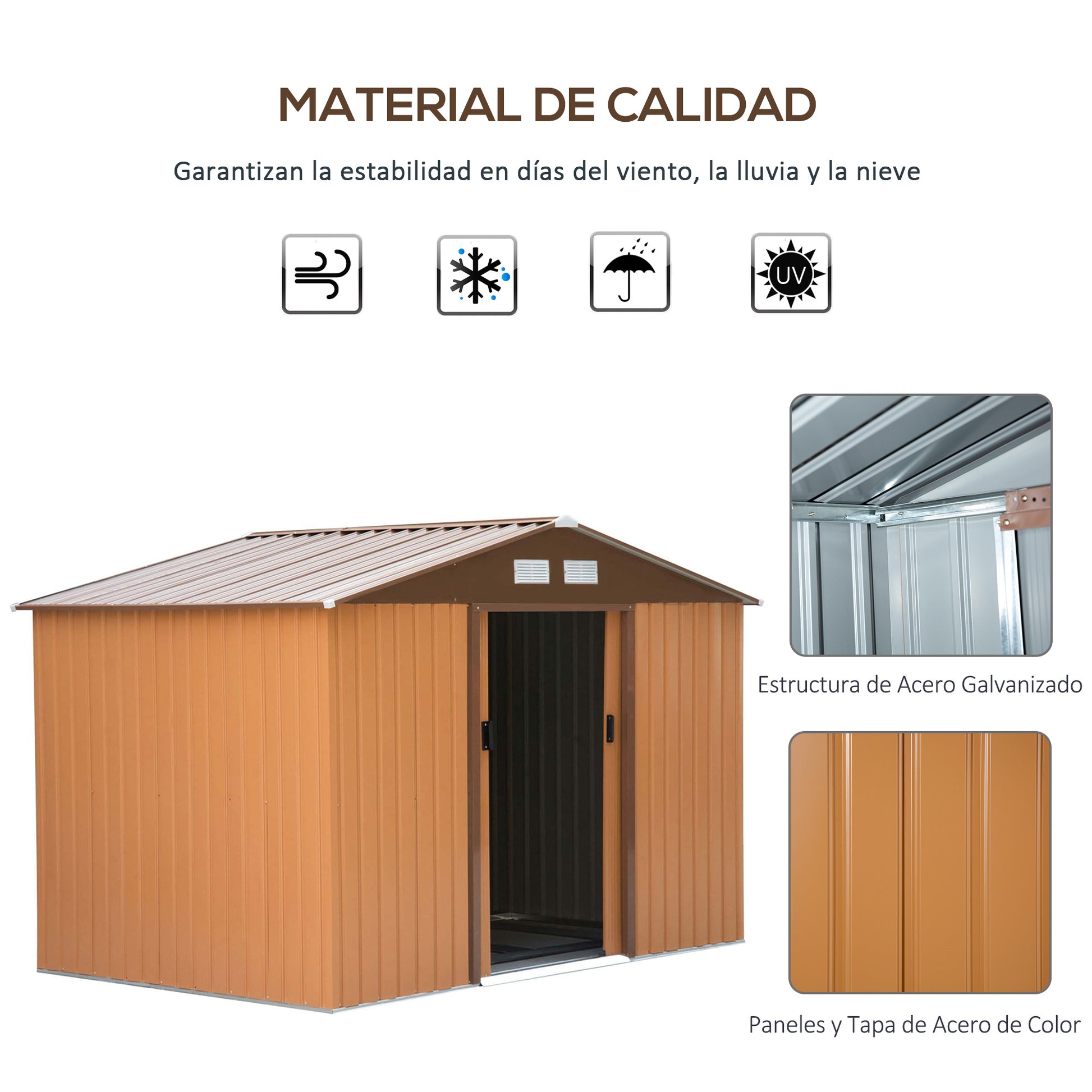 Outsunny Caseta de Jardín Exterior 4,9 m² 277x195x192 cm Cobertizo de Jardín Exterior con Puerta Corredera Techo Inclinado Base Refuerzo (Suelo NO Incluido) y 4 Ventanas Amarillo