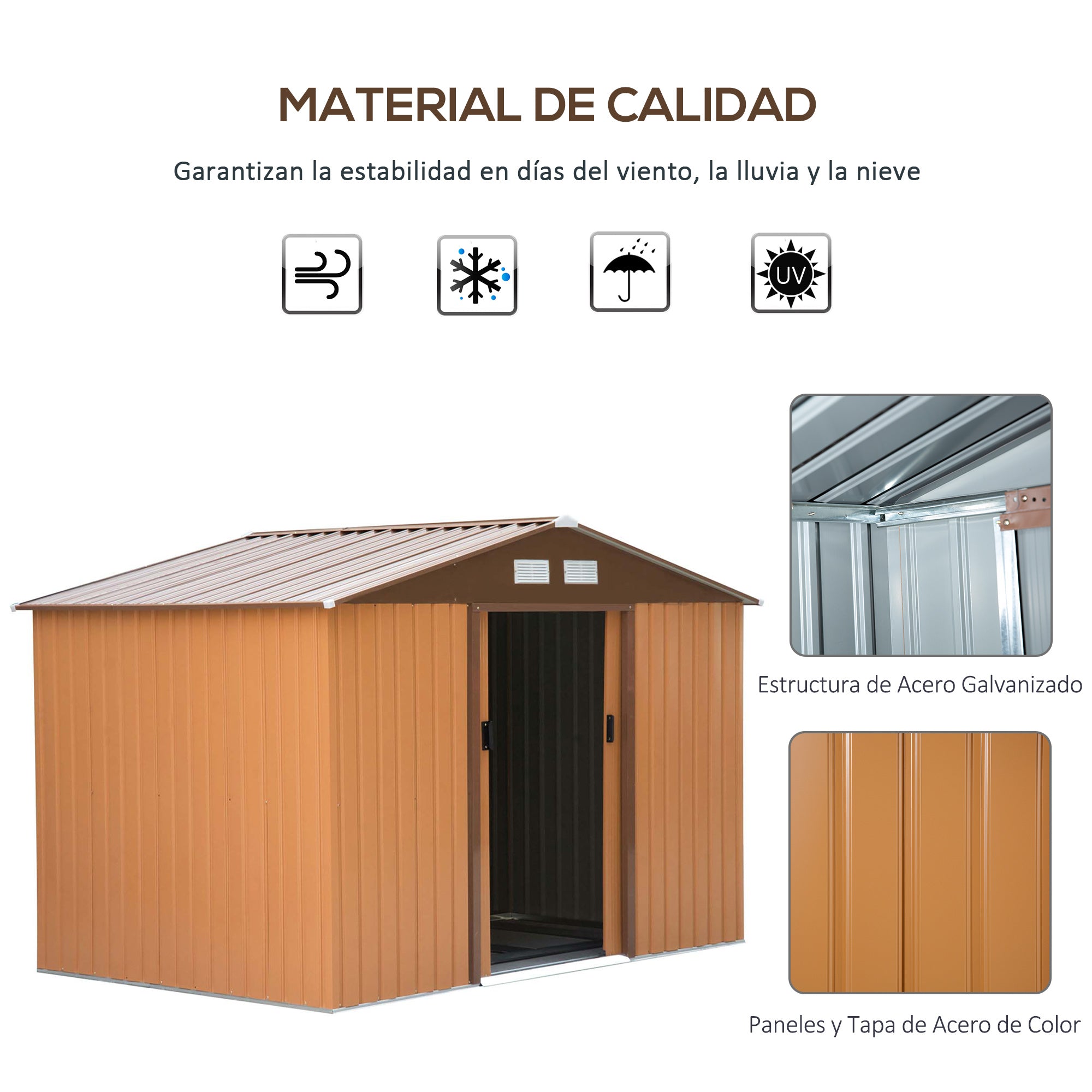 Outsunny Caseta de Jardín Exterior 4,9 m² 277x195x192 cm Cobertizo de Jardín Exterior con Puerta Corredera Techo Inclinado Base Refuerzo (Suelo NO Incluido) y 4 Ventanas Amarillo