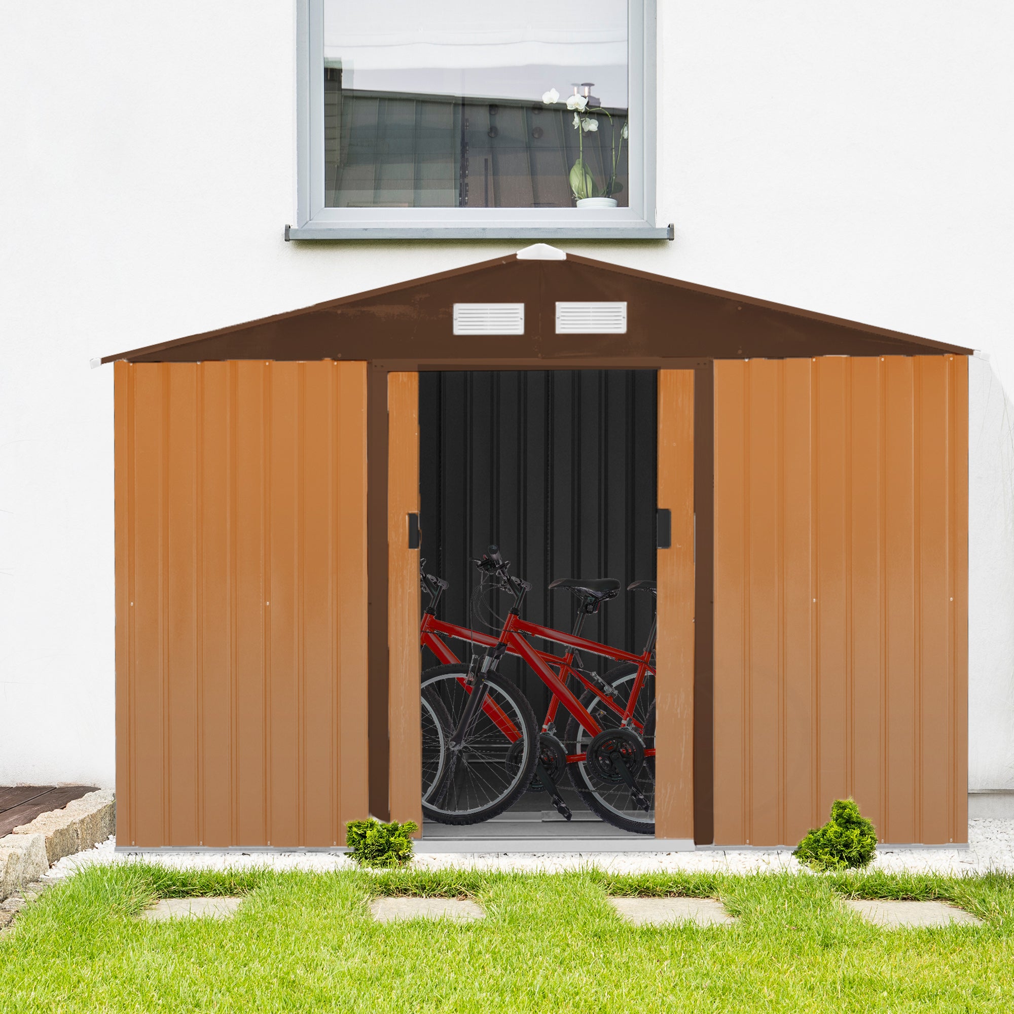 Outsunny Caseta de Jardín Exterior 4,9 m² 277x195x192 cm Cobertizo de Jardín Exterior con Puerta Corredera Techo Inclinado Base Refuerzo (Suelo NO Incluido) y 4 Ventanas Amarillo